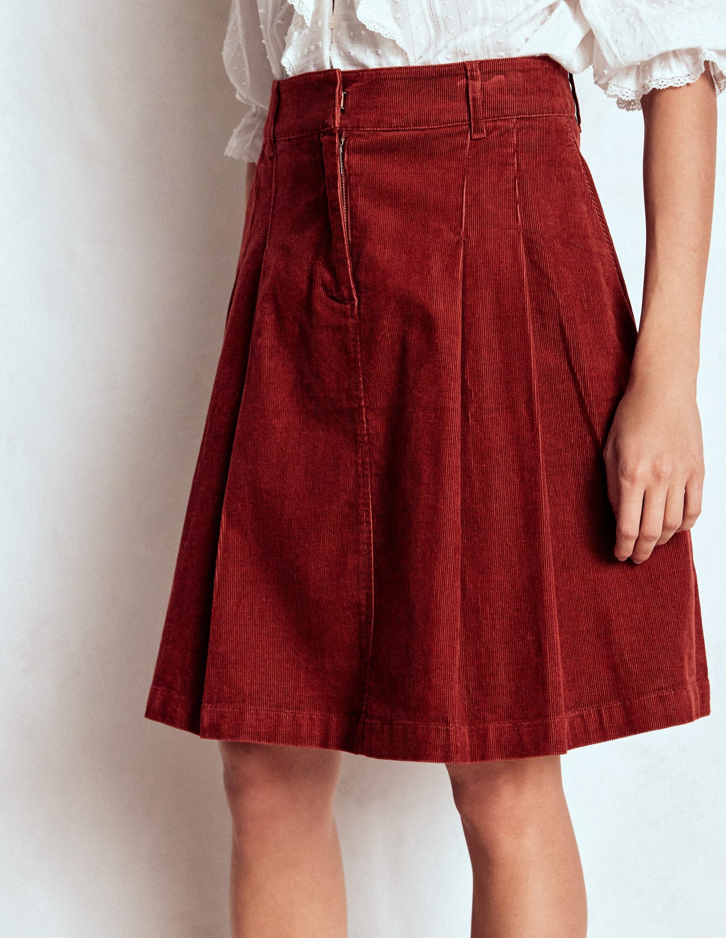 Pleated Cord Skirt-Fired Brick