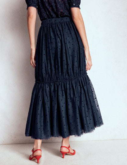 Anna Tulle Midi Skirt-Navy Flocked Spot-4