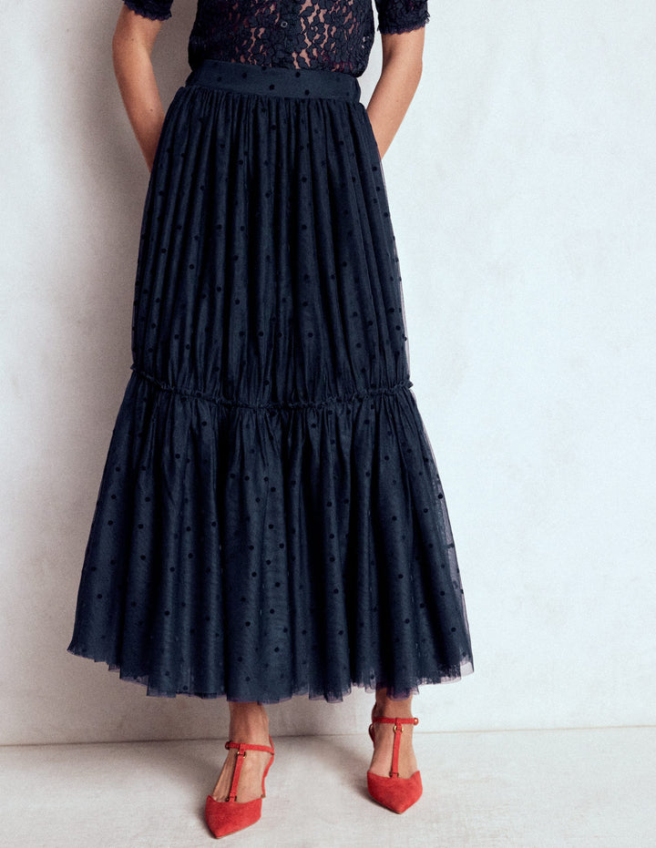 Anna Tulle Midi Skirt-Navy Flocked Spot