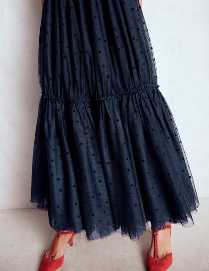Anna Tulle Midi Skirt-Navy Flocked Spot-5