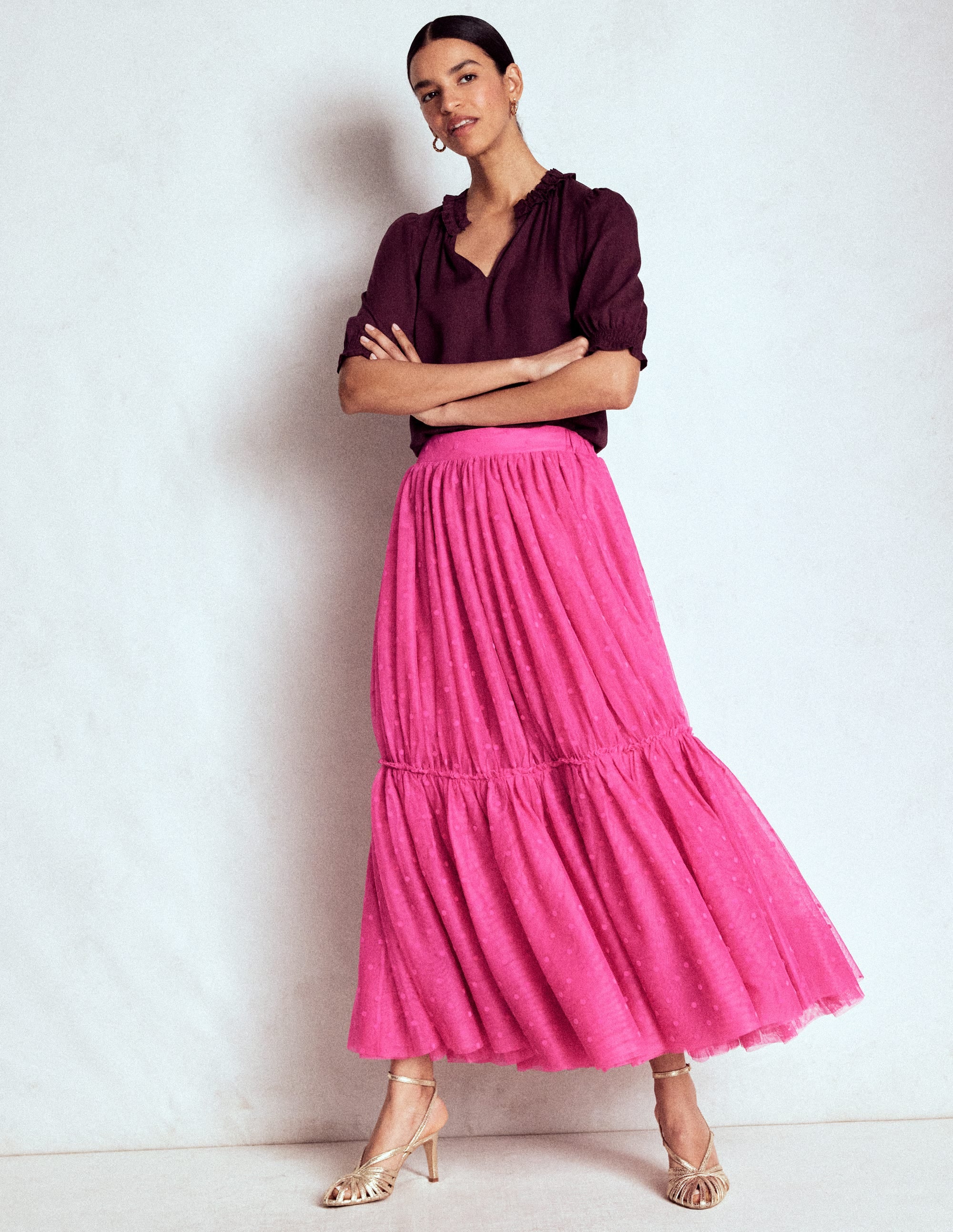 Anna Tulle Midi Skirt-Pink Flocked Spot - Image 1