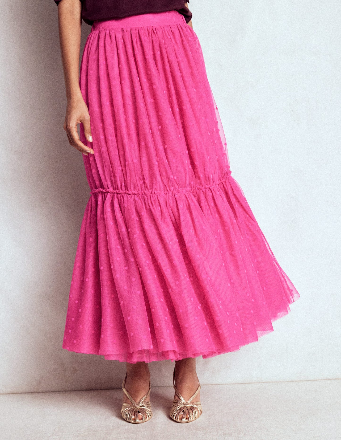 Anna Tulle Midi Skirt-Pink Flocked Spot