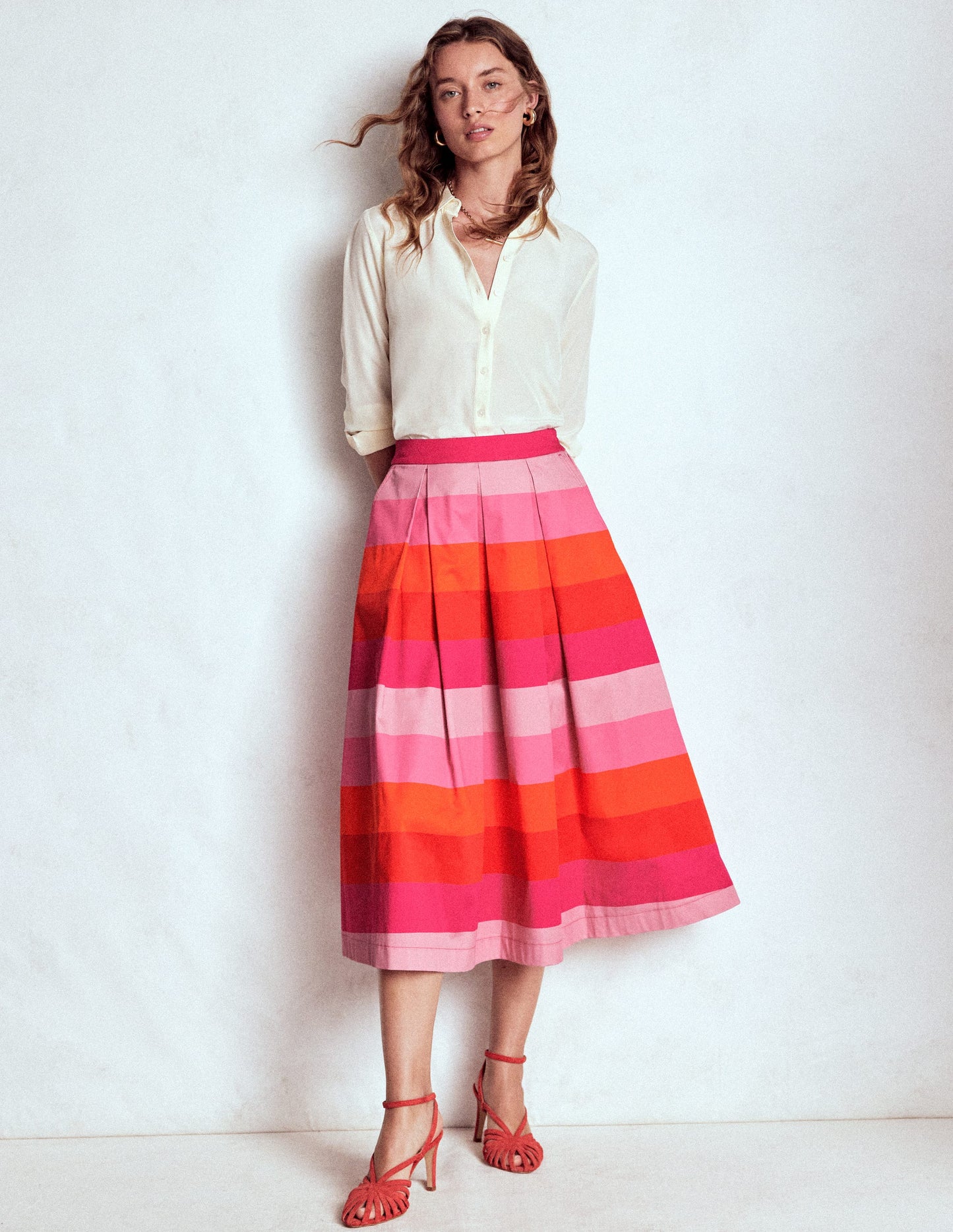 Verity Cotton Midi Skirt-Pink Tonal Multistripe