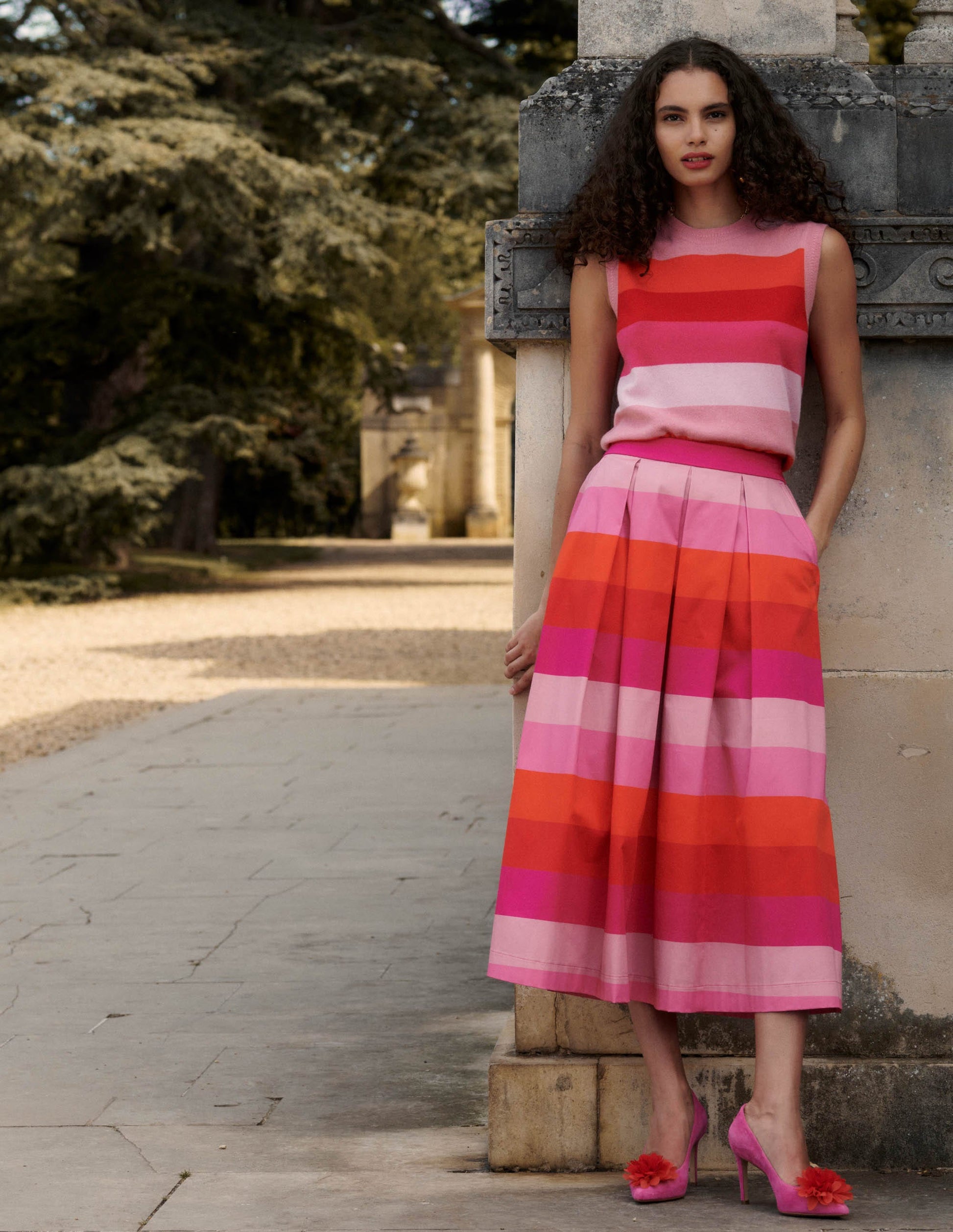 Verity Cotton Midi Skirt-Pink Tonal Multistripe-6