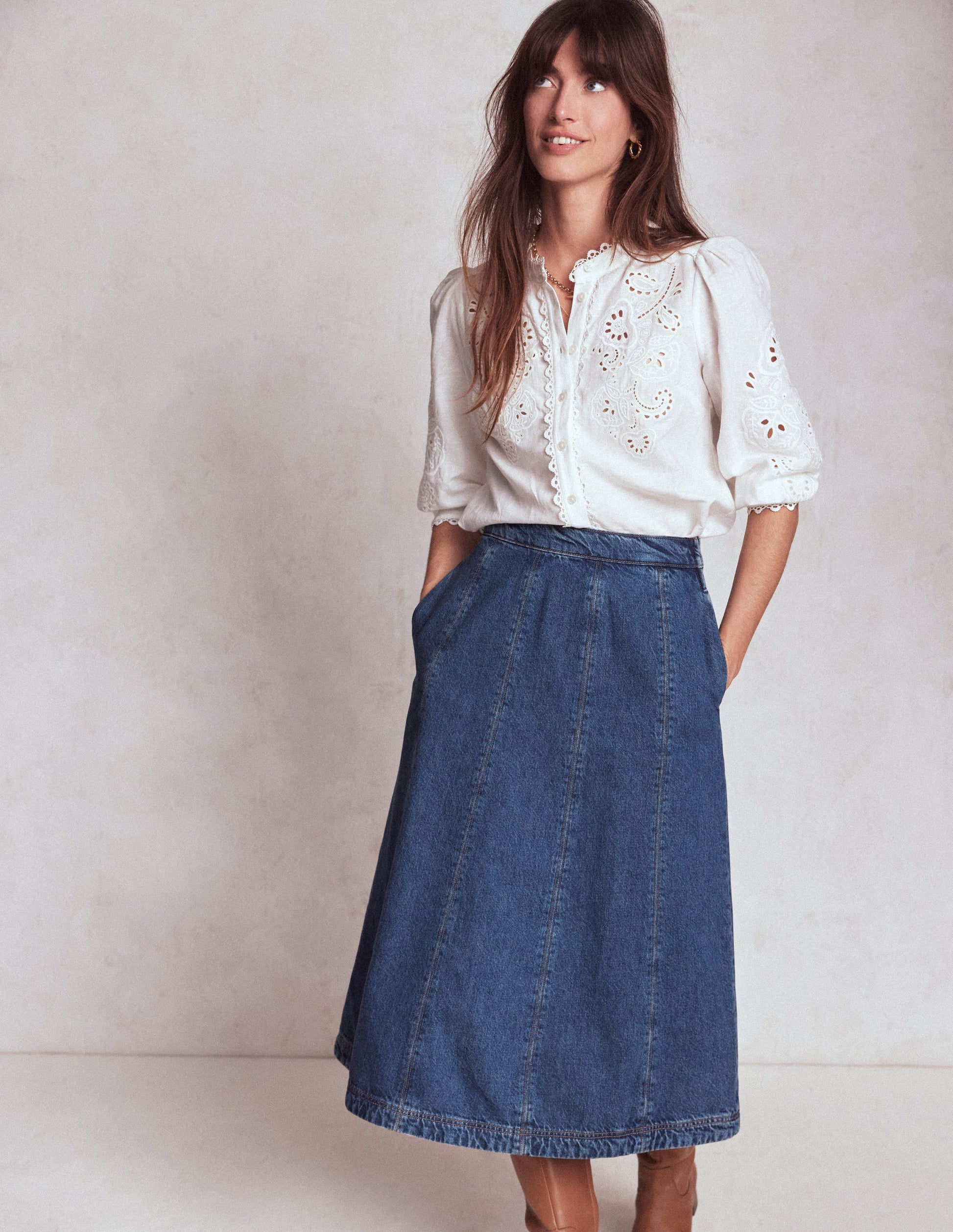 Joy Panelled Denim Skirt-Mid Wash Boden UK - Main Image