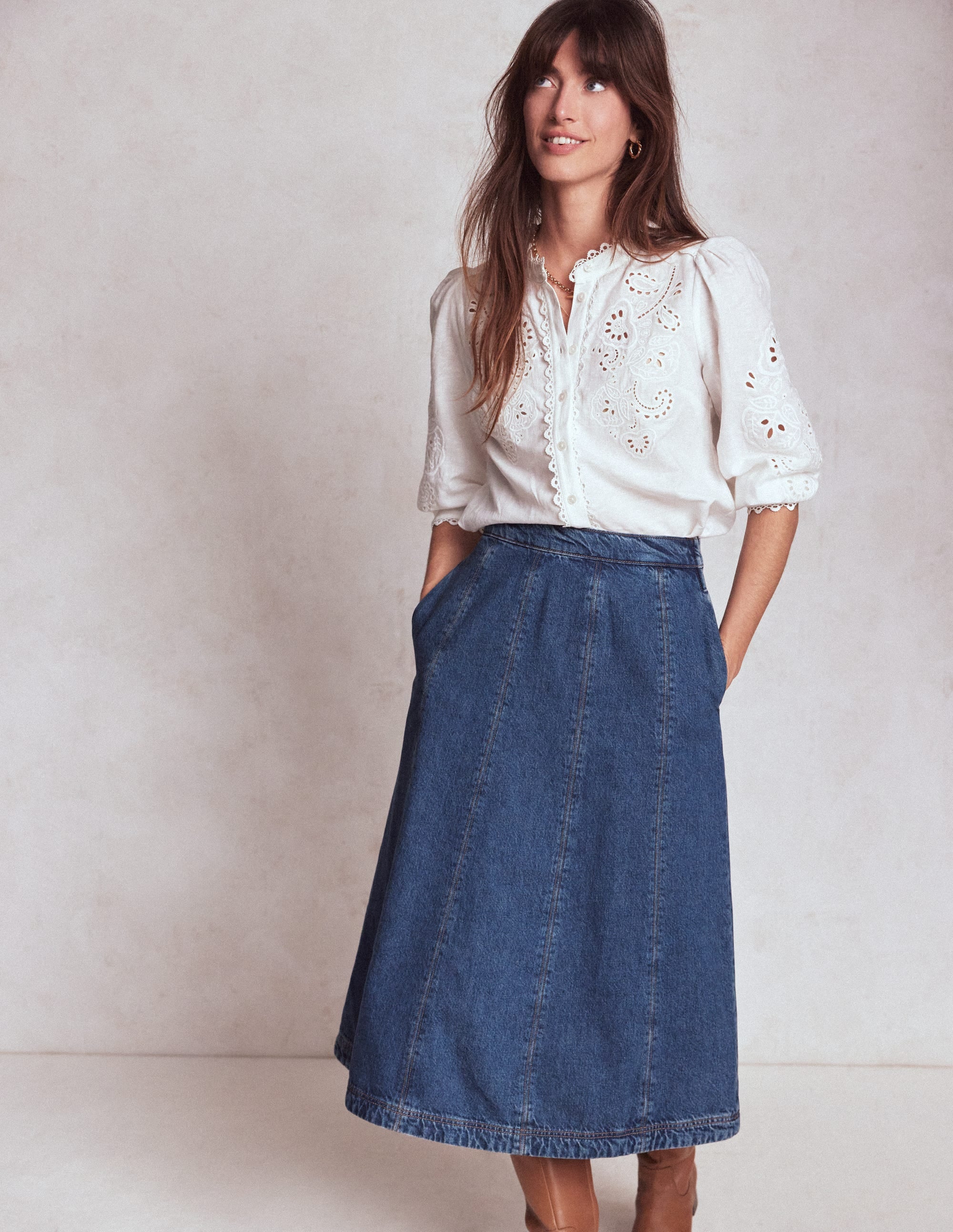 Joy Panelled Denim Skirt-Mid Wash - Image 1