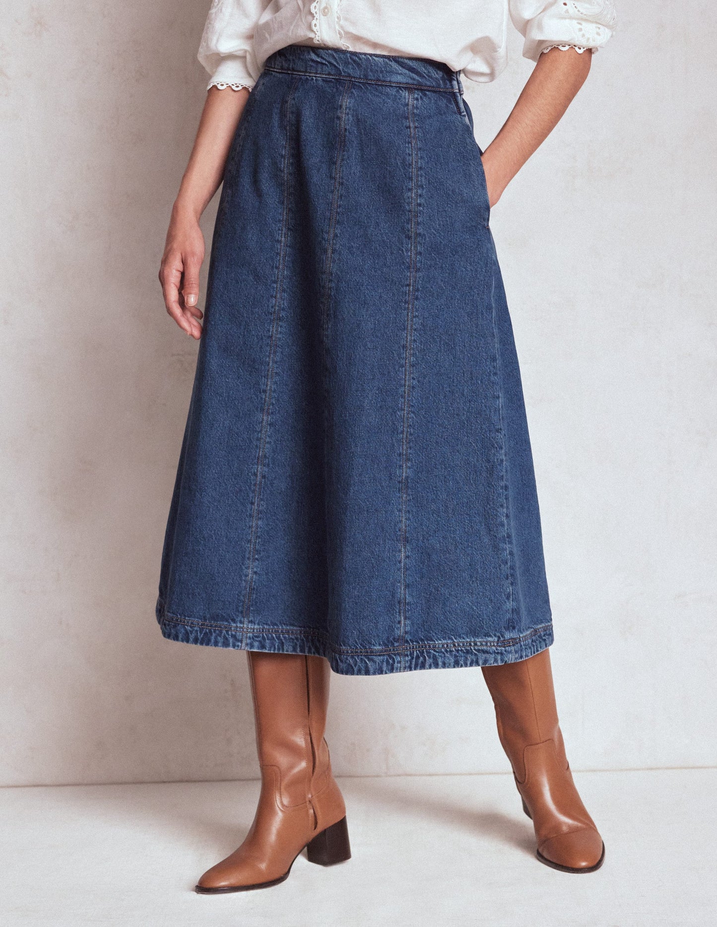 Joy Panelled Denim Skirt-Mid Wash
