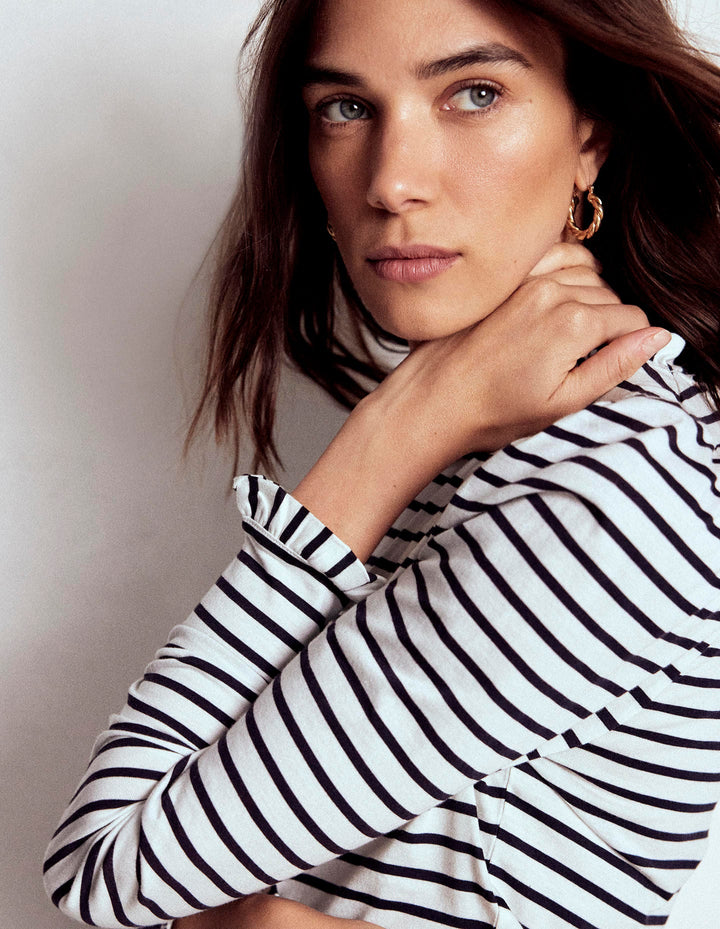 Supersoft Frill Detail Top-Ivory / Navy Stripe