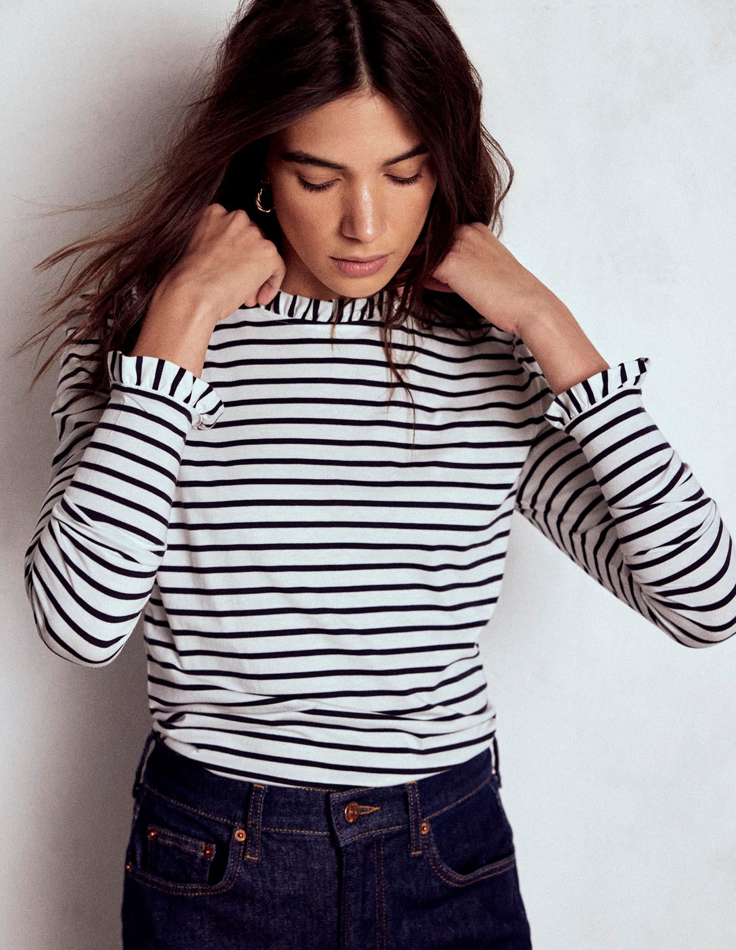 Supersoft Frill Detail Top-Ivory / Navy Stripe-2