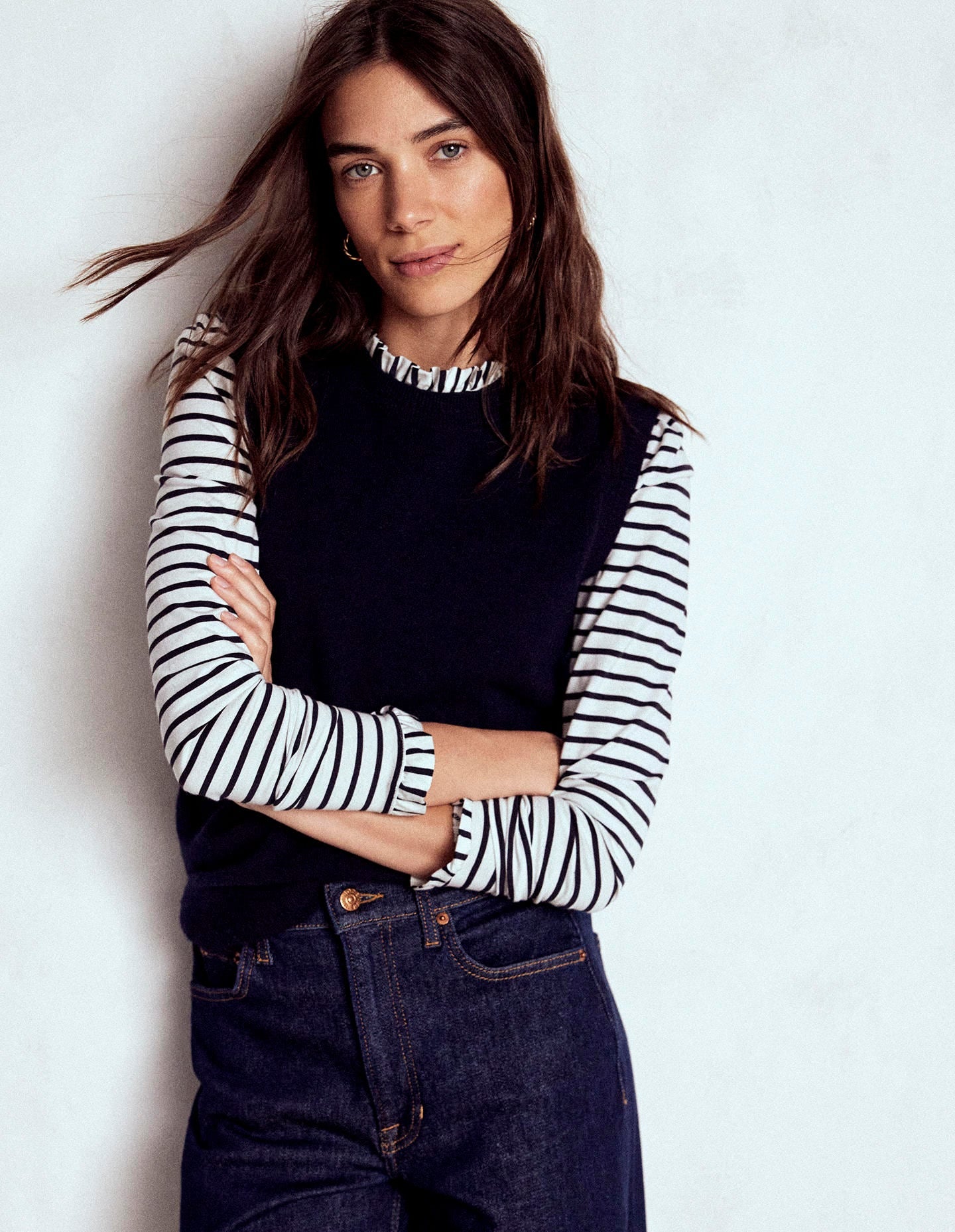 Supersoft Frill Detail Top-Ivory / Navy Stripe