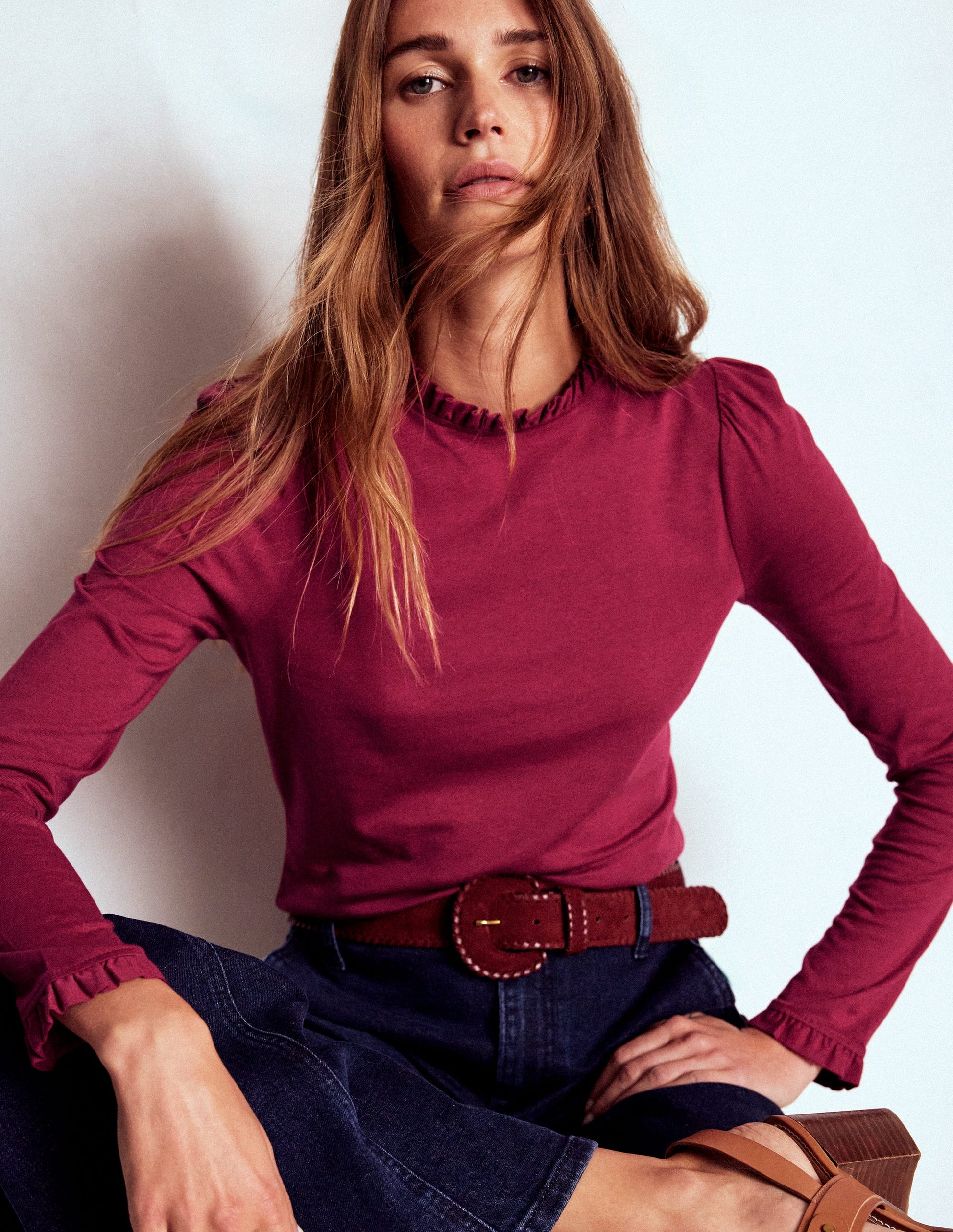 Supersoft Frill Detail Top-Burgundy Red-1