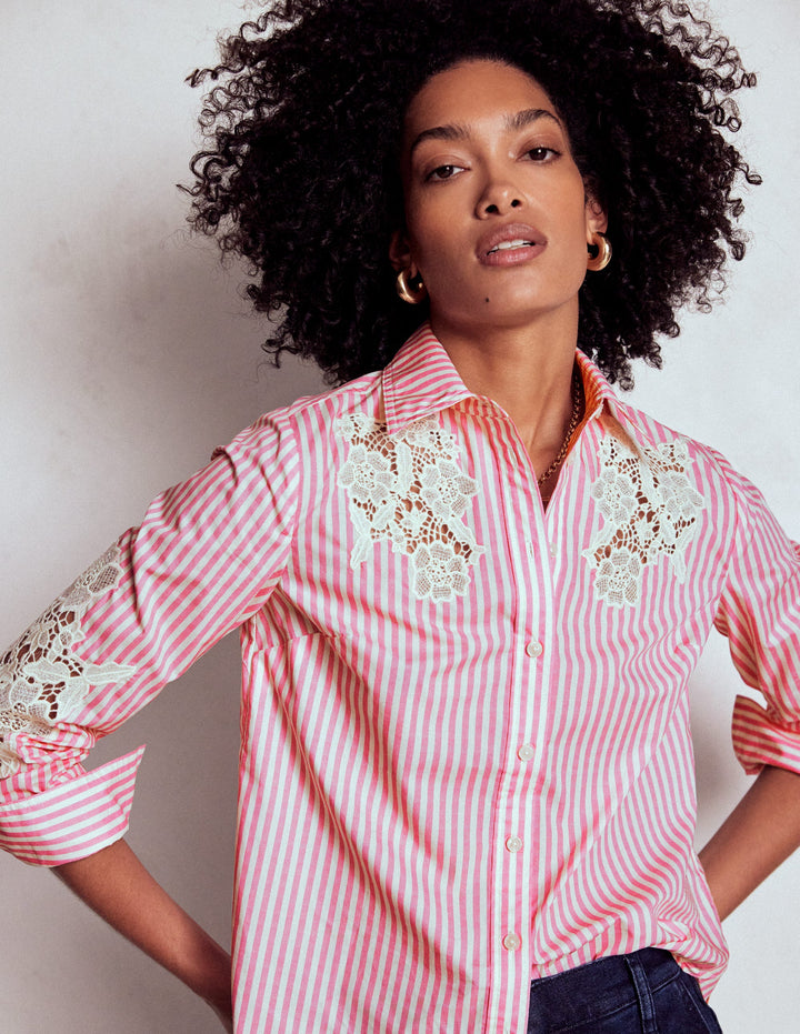 Sienna Interest Cotton Shirt-Pink and Ivory Cutwork Stripe