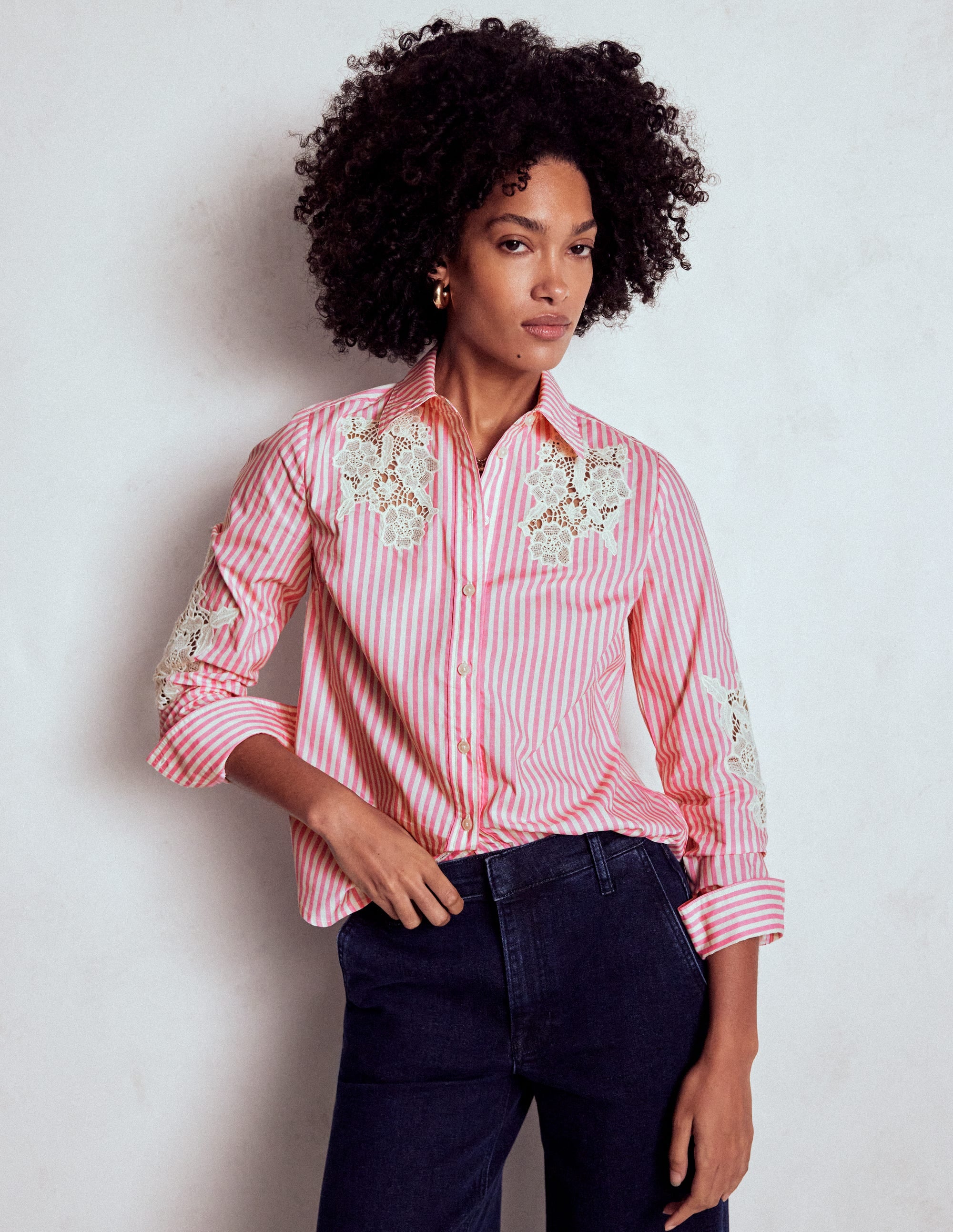 Sienna Interest Cotton Shirt-Pink and Ivory Cutwork Stripe - Image 4
