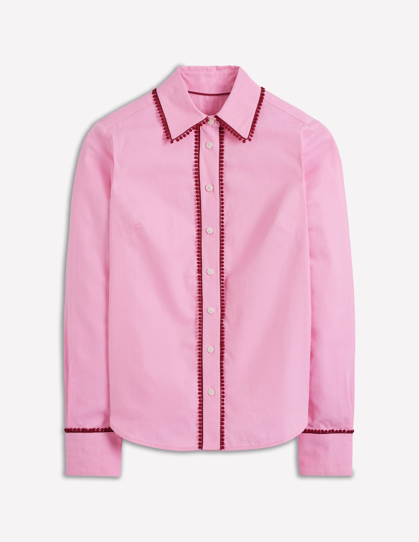 Sienna Interest Cotton Shirt-Pink, Pom Trim