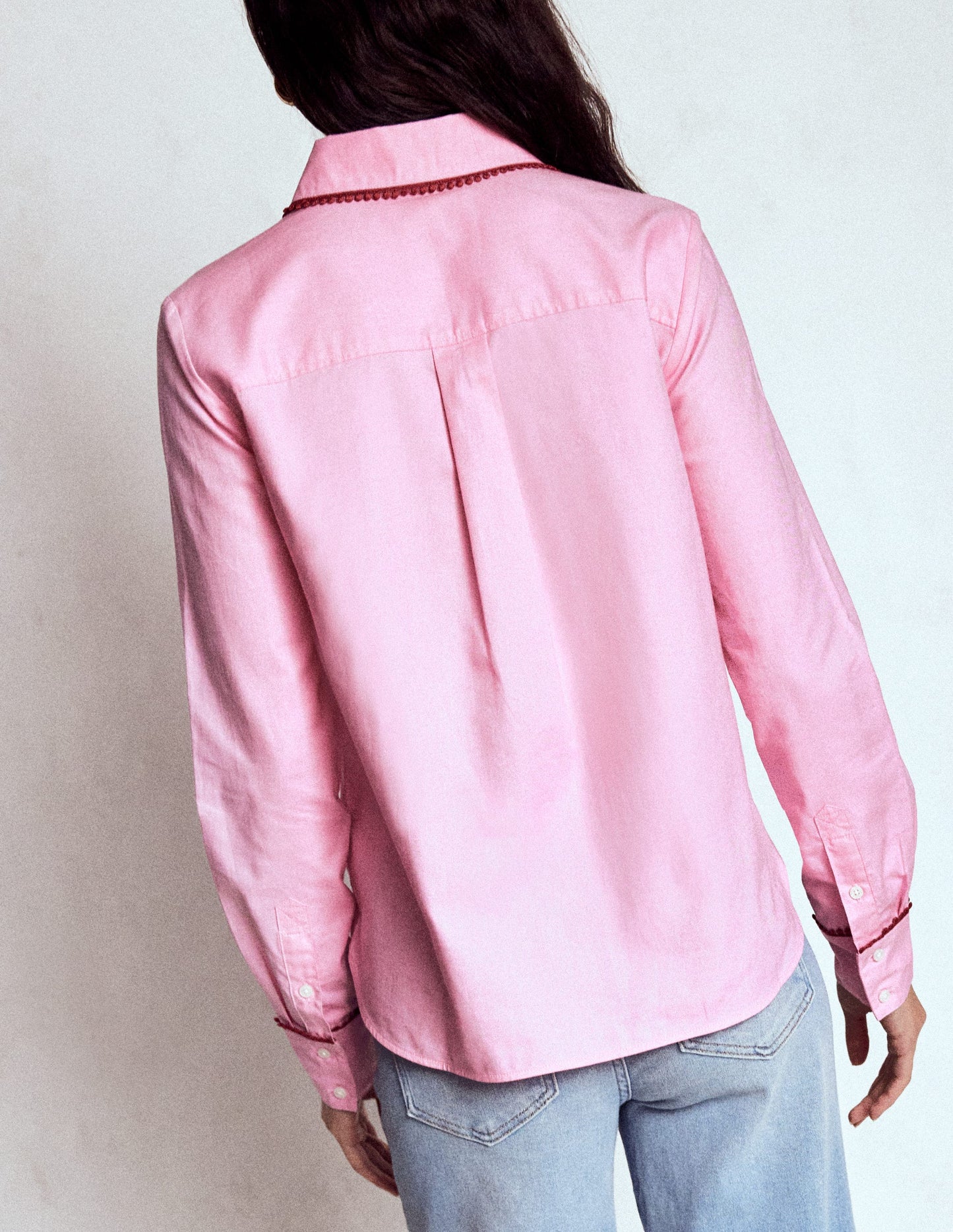 Sienna Interest Cotton Shirt-Pink, Pom Trim