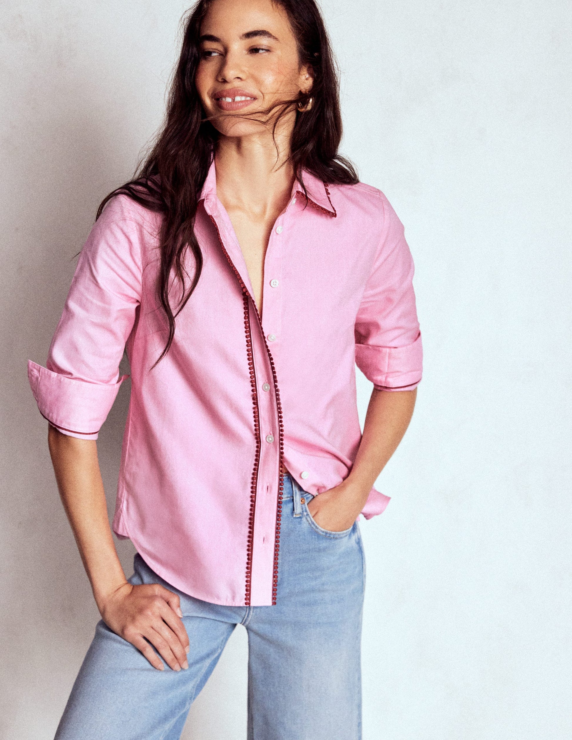 Sienna Interest Cotton Shirt-Pink, Pom Trim-4