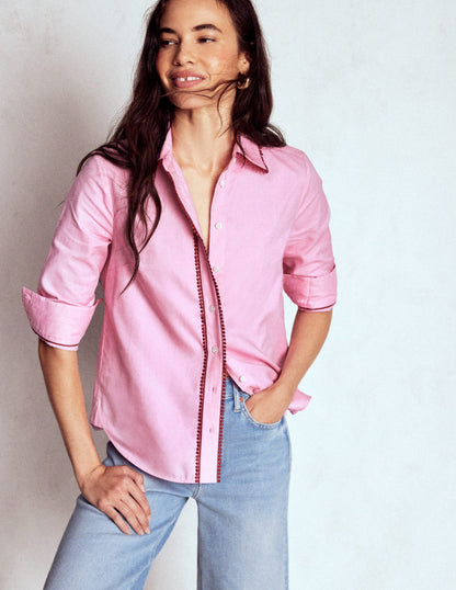 Sienna Interest Cotton Shirt-Pink, Pom Trim-4