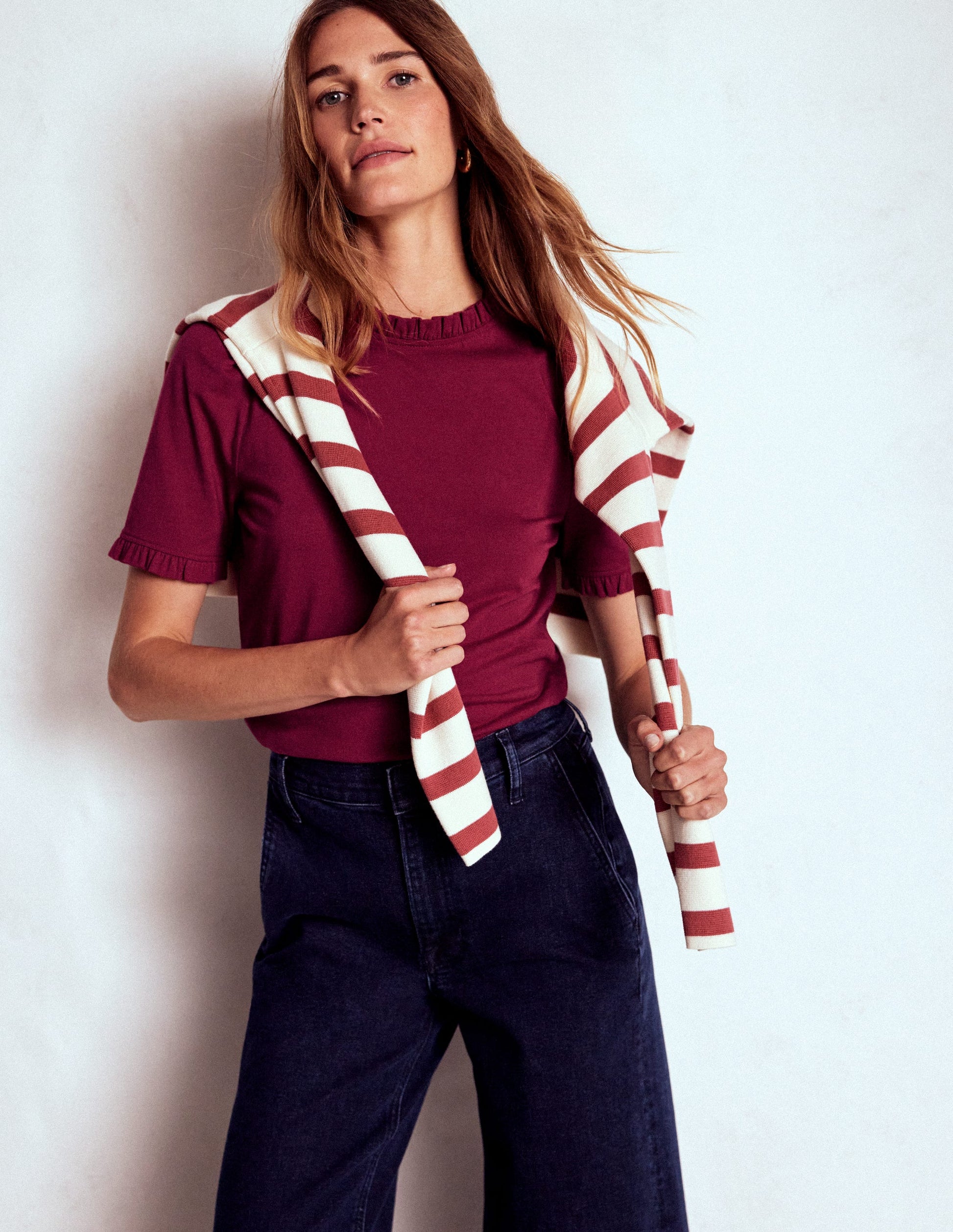 Supersoft Frill Detail T-shirt-Burgundy Red-5