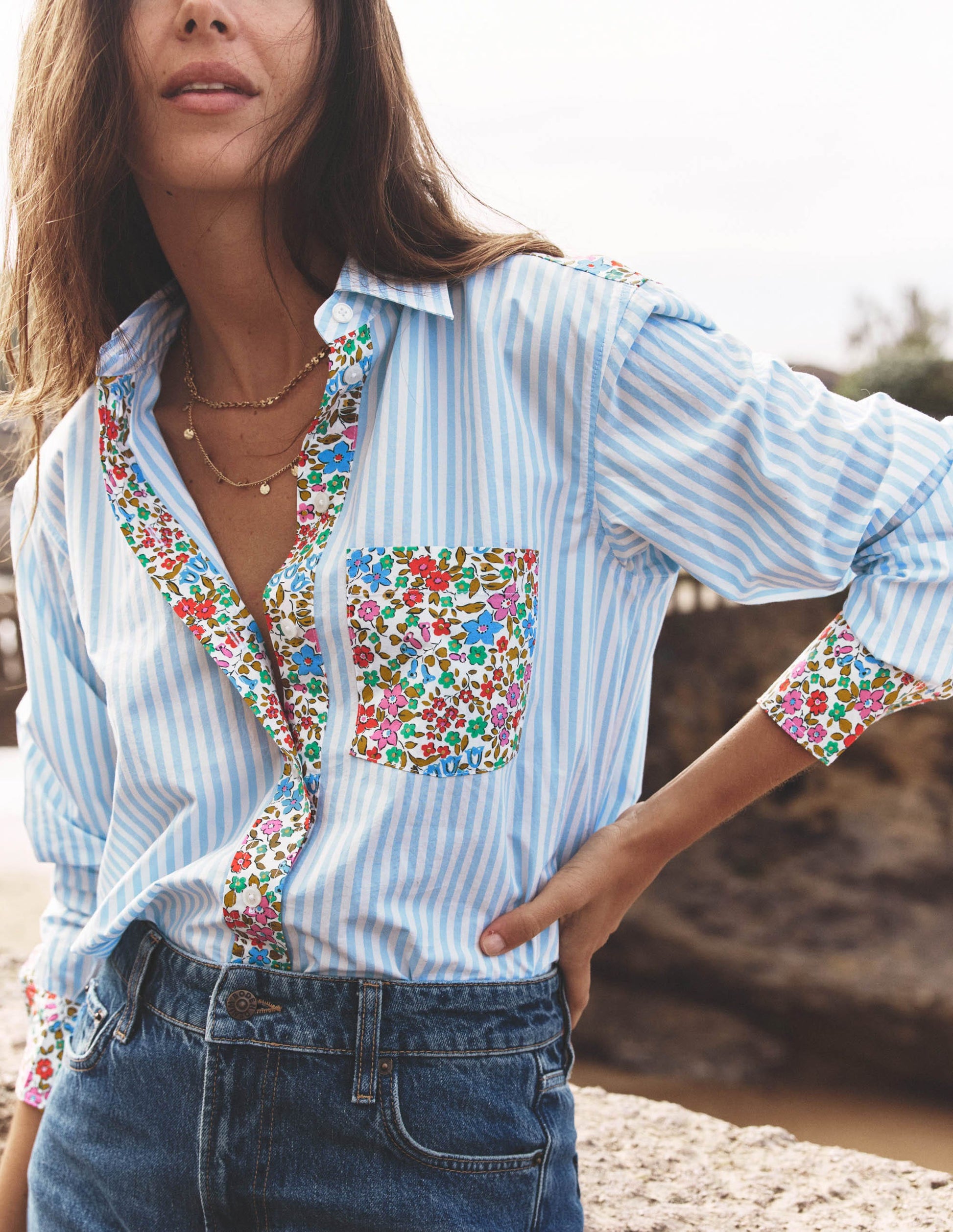 Sadie Relaxed Cotton Shirt-Blue Stripe, Flowerbed Hotch-6