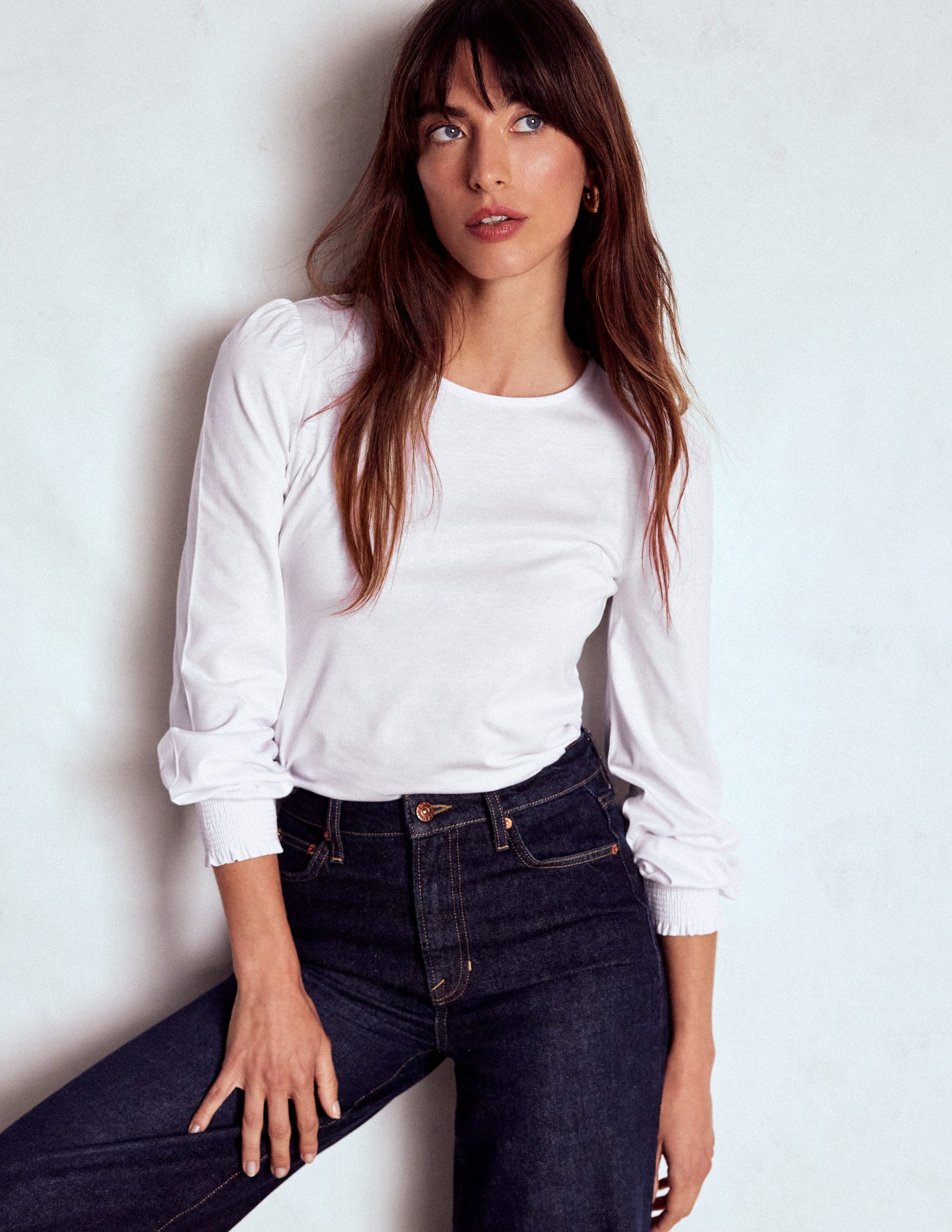 Smocked Cuff Supersoft Top-White-1