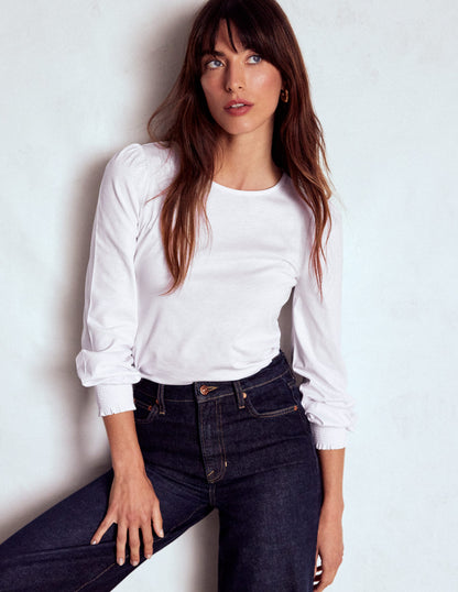 Smocked Cuff Supersoft Top-White-1