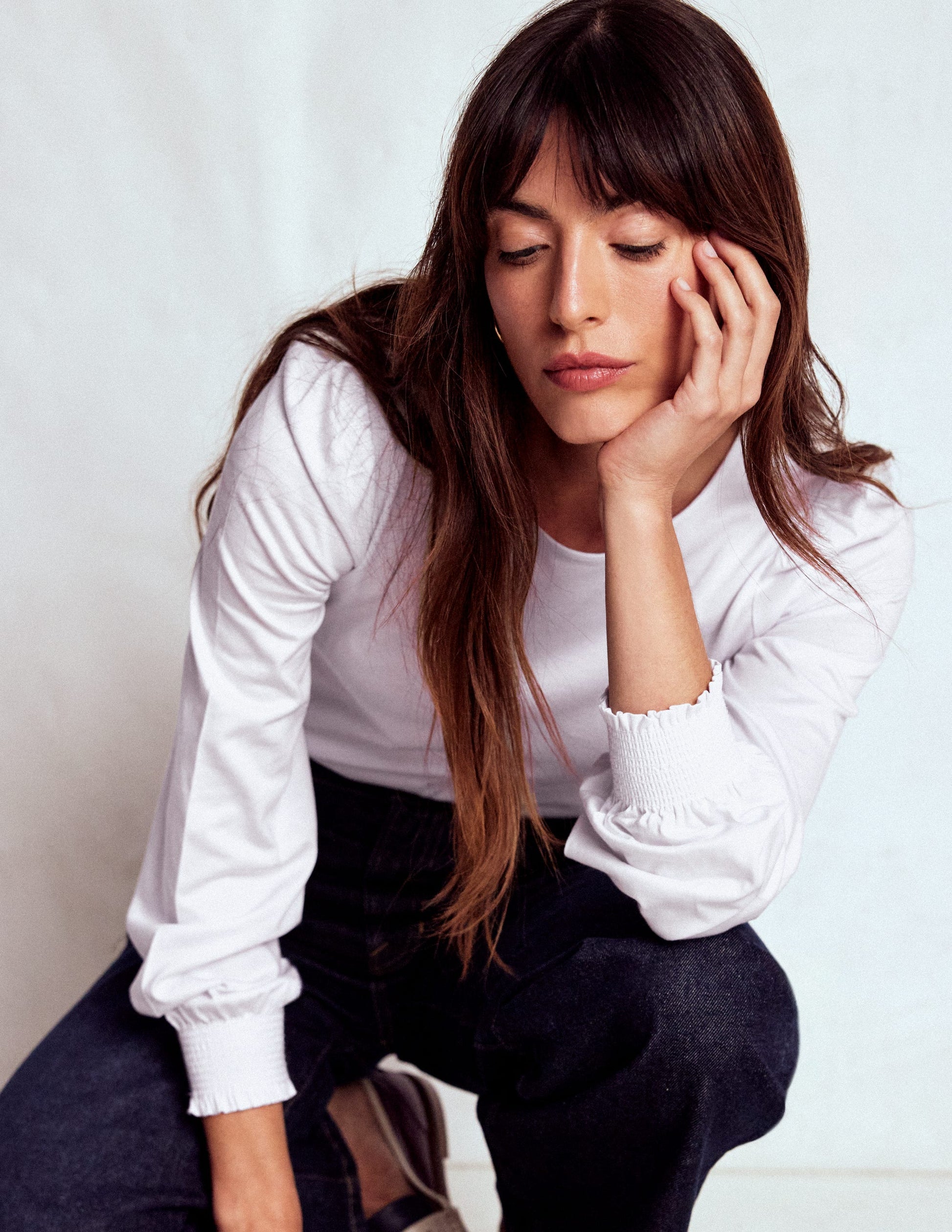 Smocked Cuff Supersoft Top-White-4