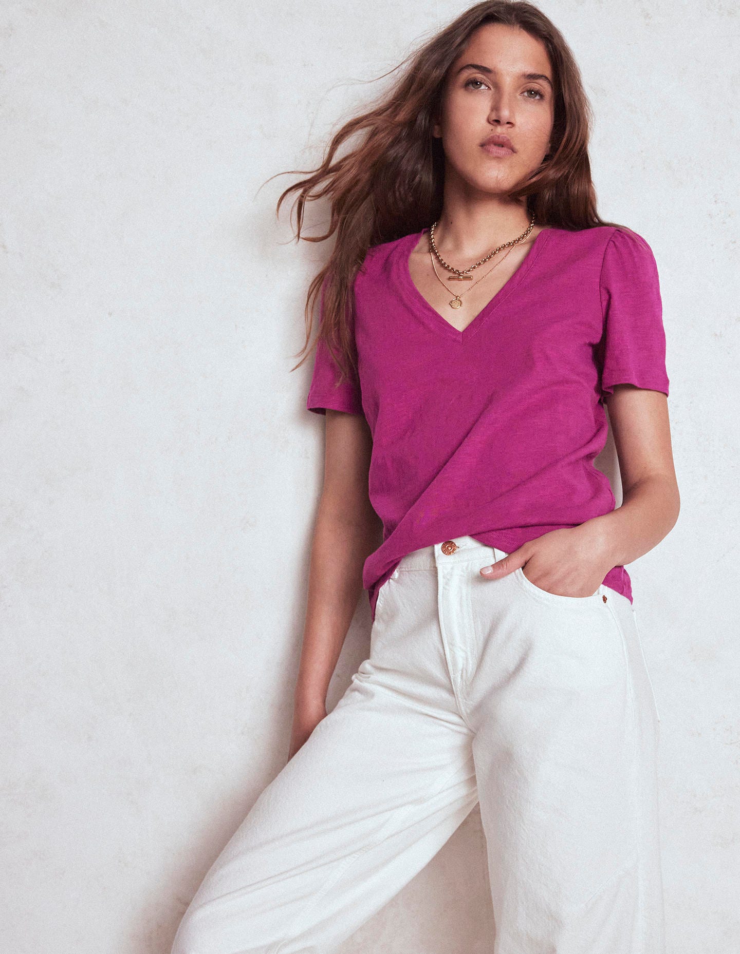 Sophie V-neck Slub T-shirt-Rich Magenta - Image 1