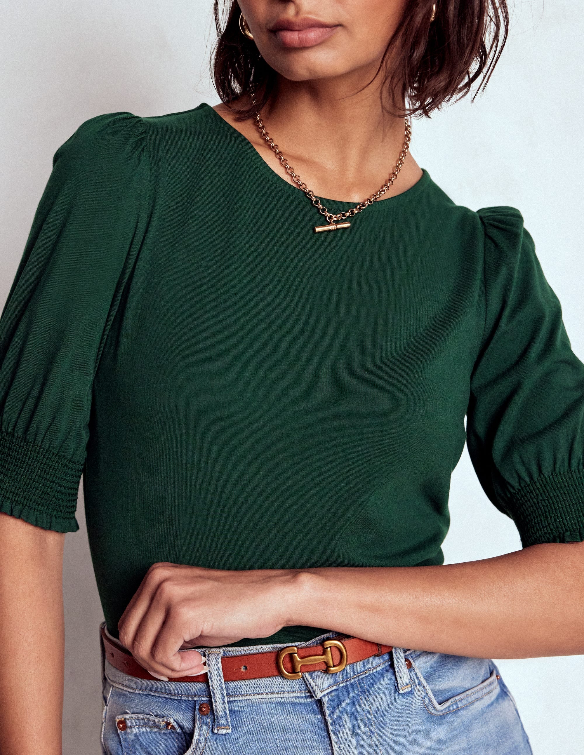 Short Sleeve Smocked Cuff Top-Green Pine - Image 1