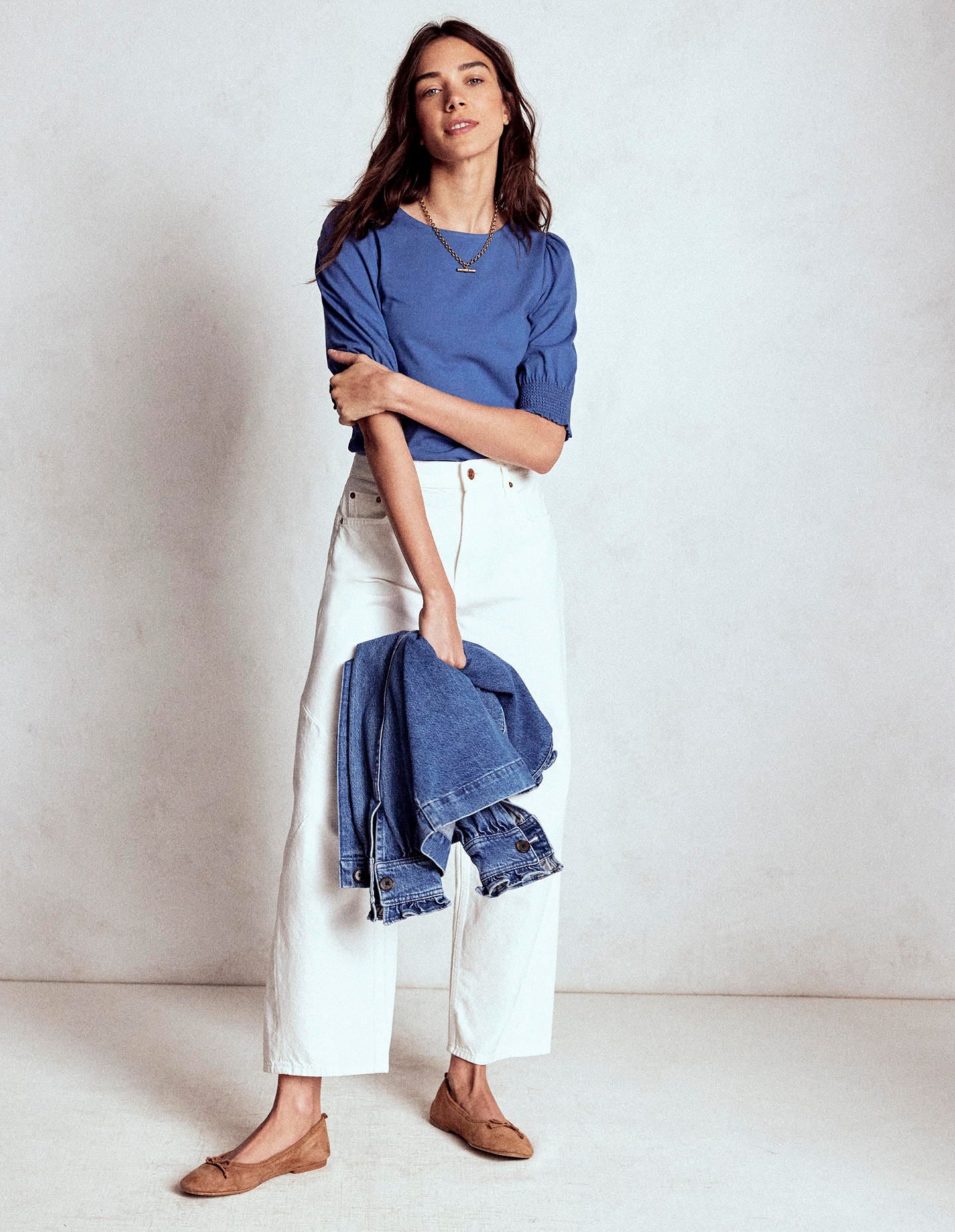 Short Sleeve Smocked Cuff Top-Denim Blue - Image 1