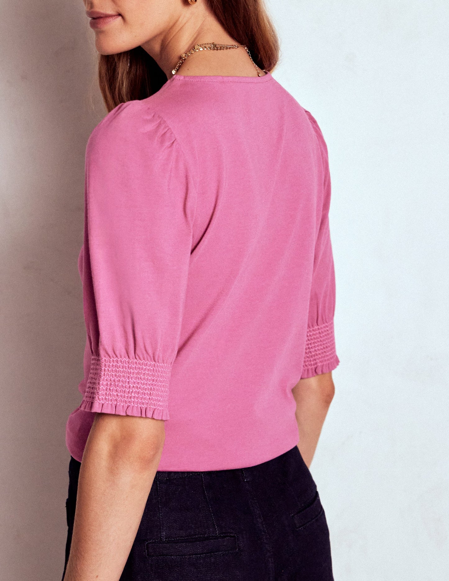 Short Sleeve Smocked Cuff Top-Purple Damson