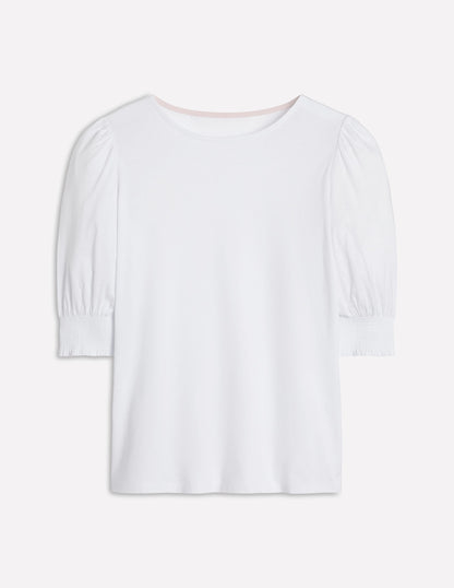 Short Sleeve Smocked Cuff Top-White-7