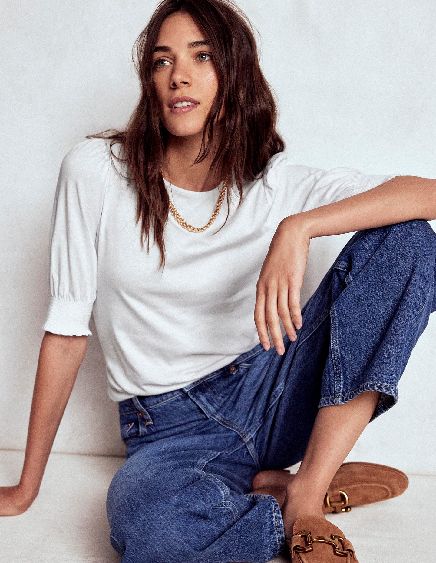 Short Sleeve Smocked Cuff Top-White-1