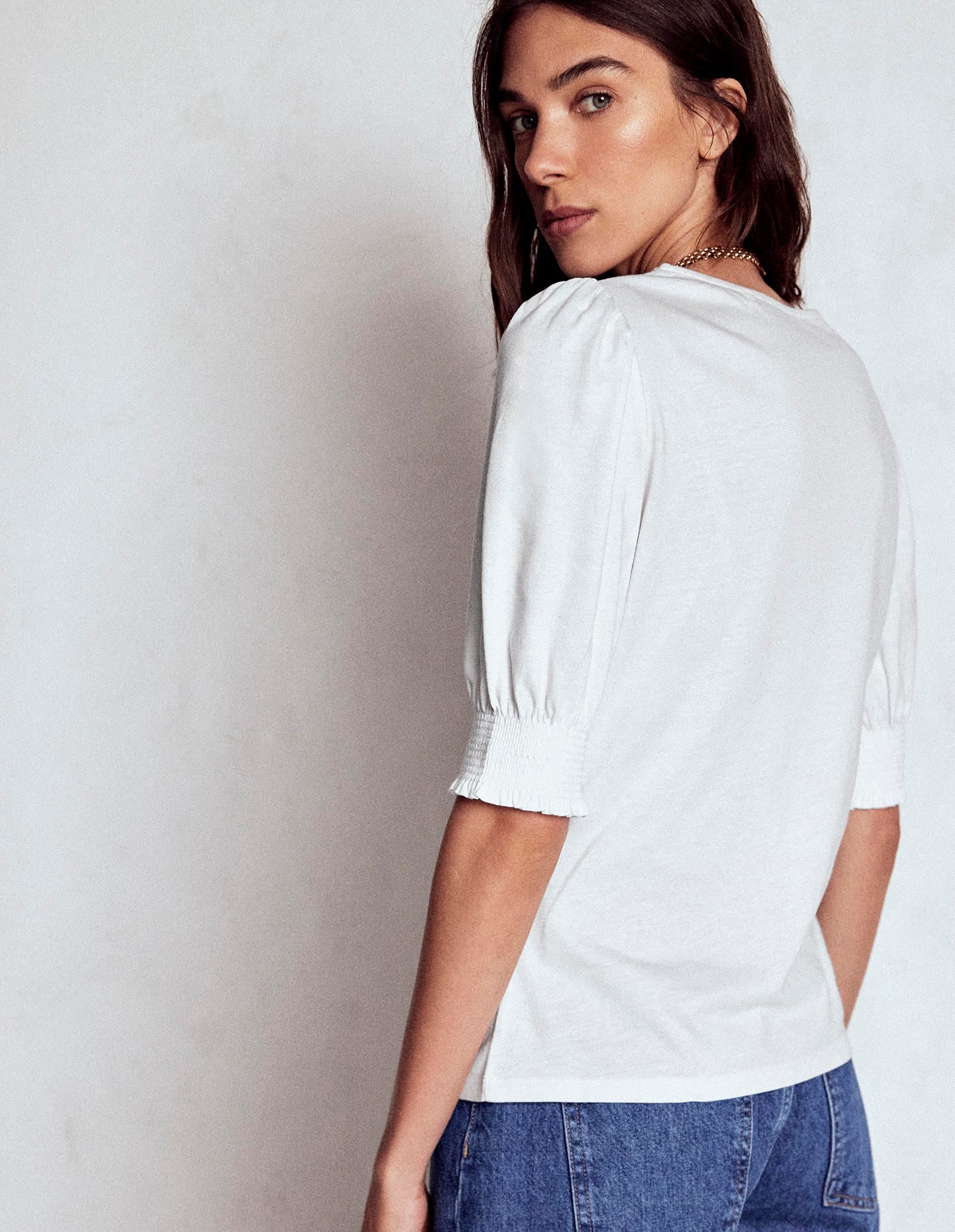 Short Sleeve Smocked Cuff Top-White