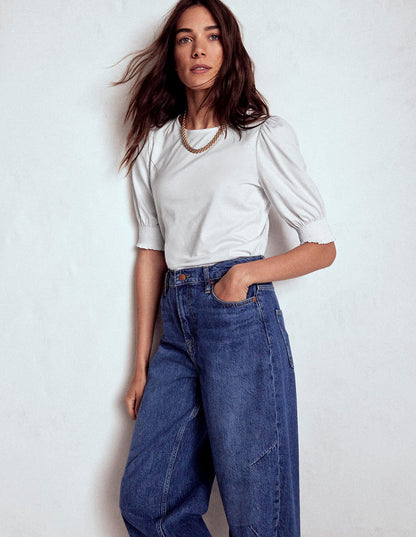 Short Sleeve Smocked Cuff Top-White-4