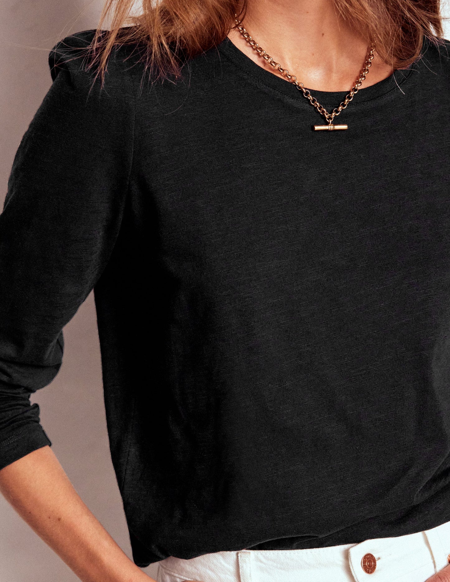 Cotton Crew Long Sleeve Top-Black