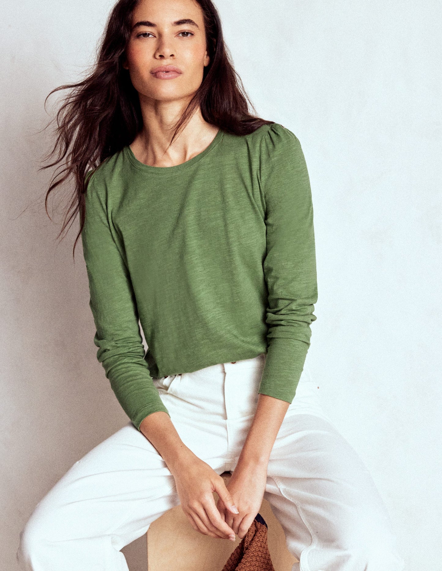 Cotton Crew Long Sleeve Top-Safari Green