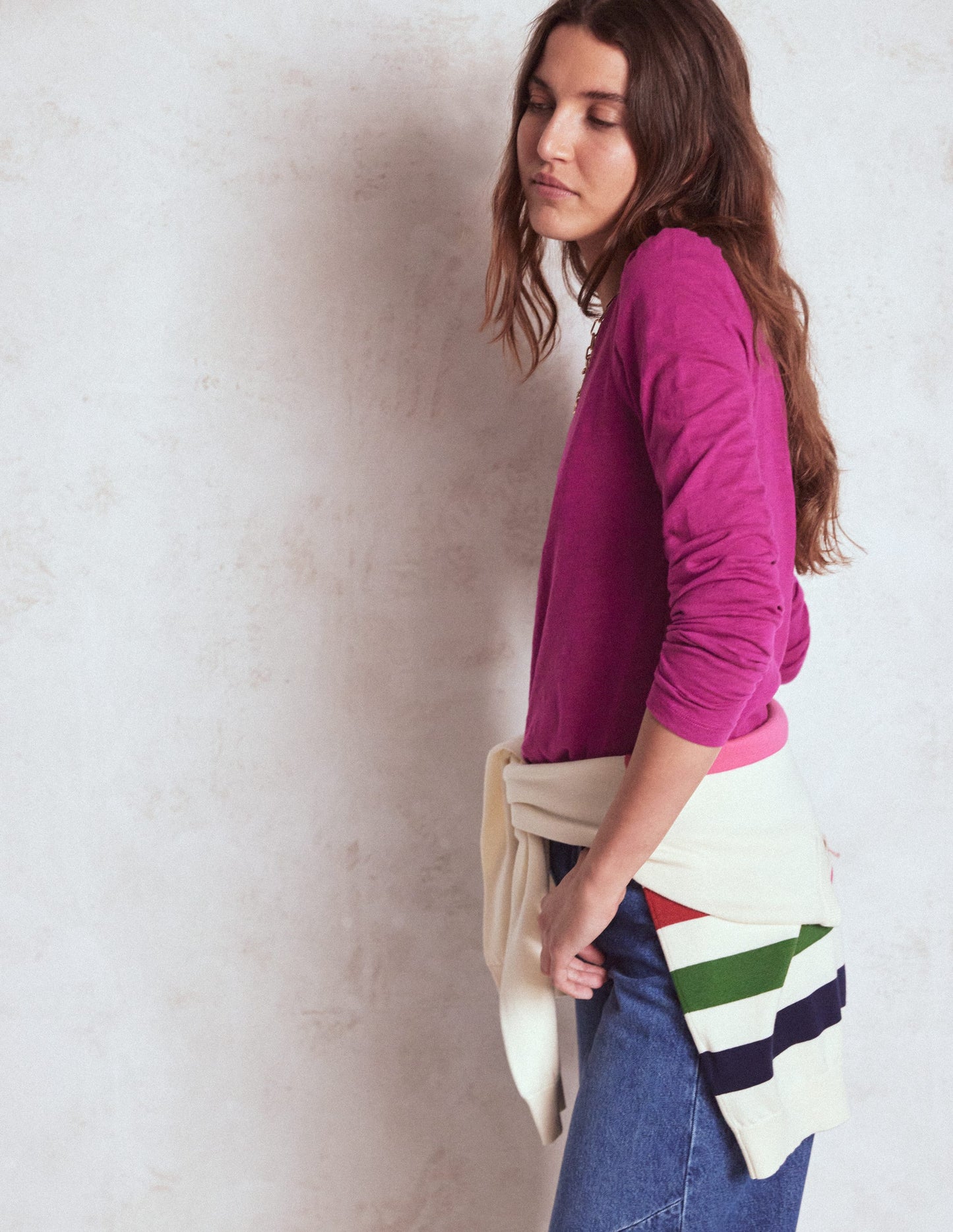 Cotton Crew Long Sleeve Top-Rich Magenta