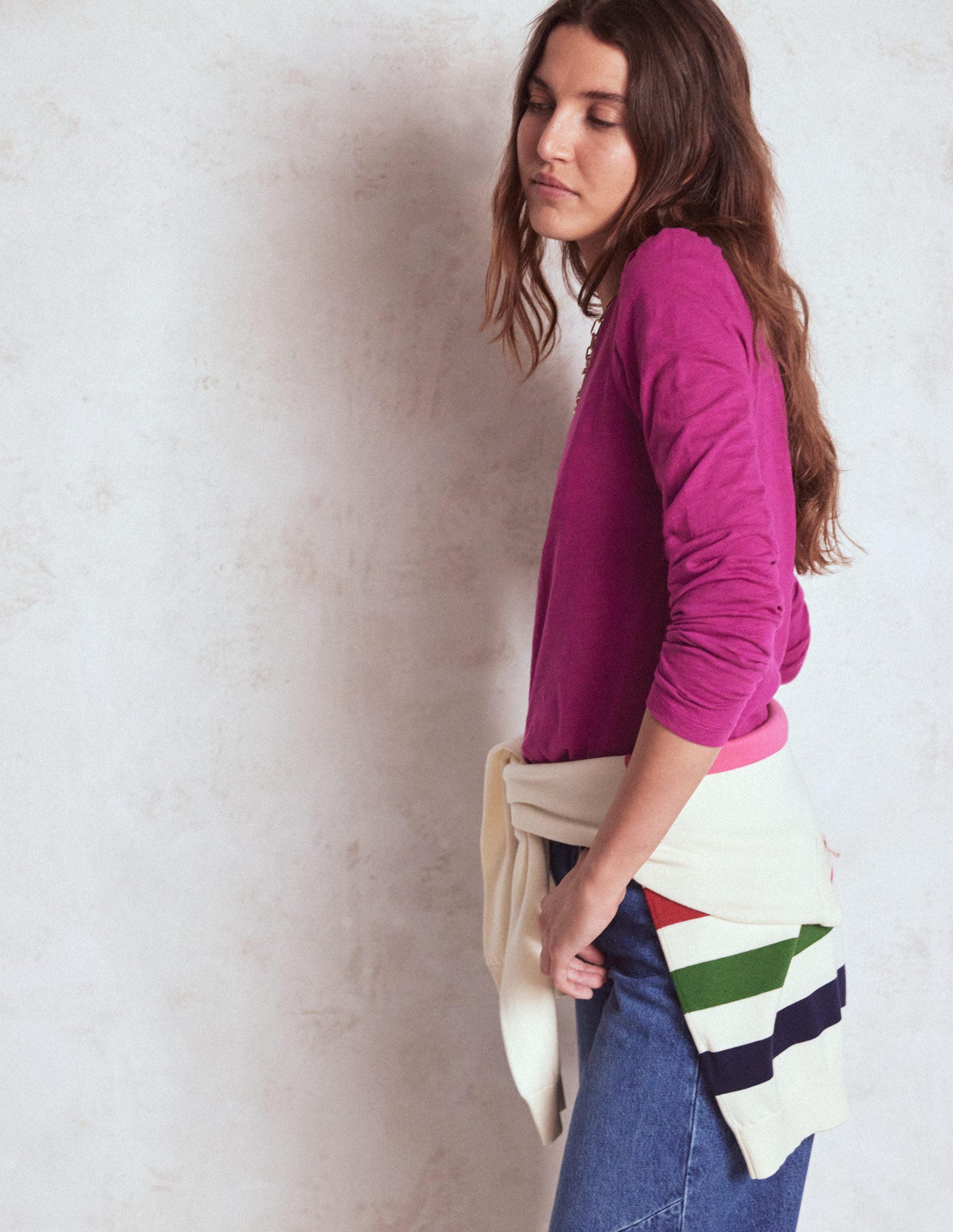 Cotton Crew Long Sleeve Top-Rich Magenta-4