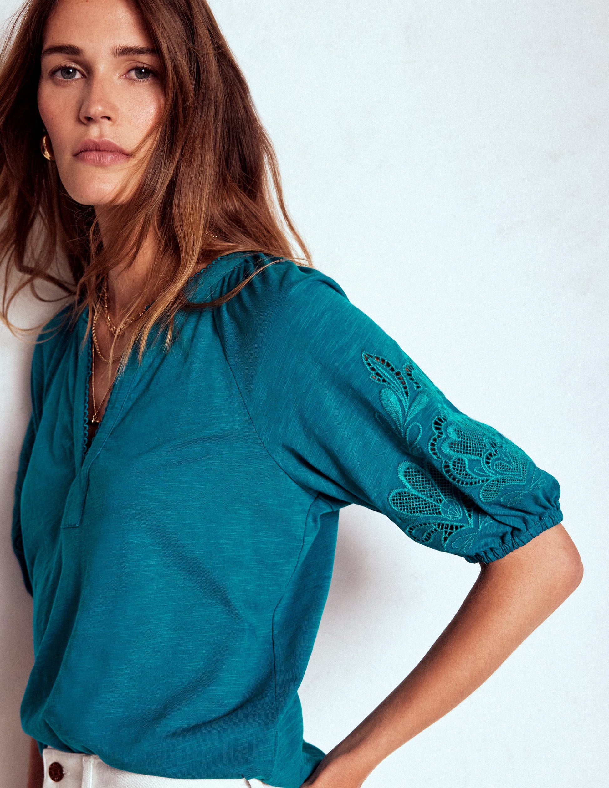 Cutwork Notch Neck Top-Deep Sea Green-1
