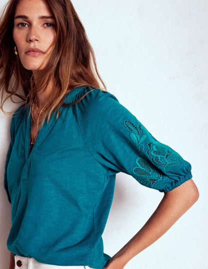 Cutwork Notch Neck Top-Deep Sea Green-1