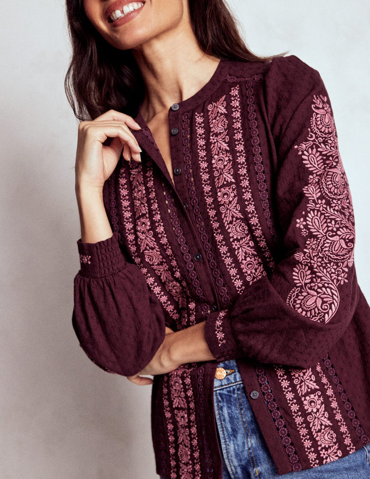 Embroidered Cotton Top-Dark Cherry