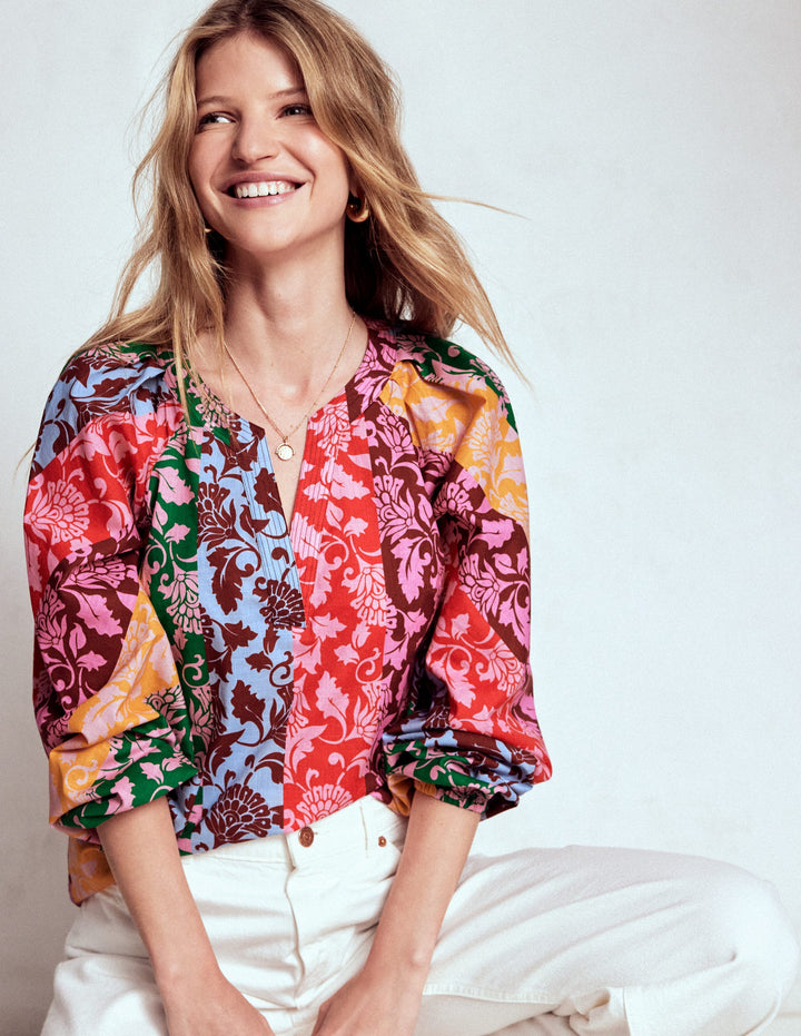 Long Sleeve Notch Top-Multi, Ornate Vine