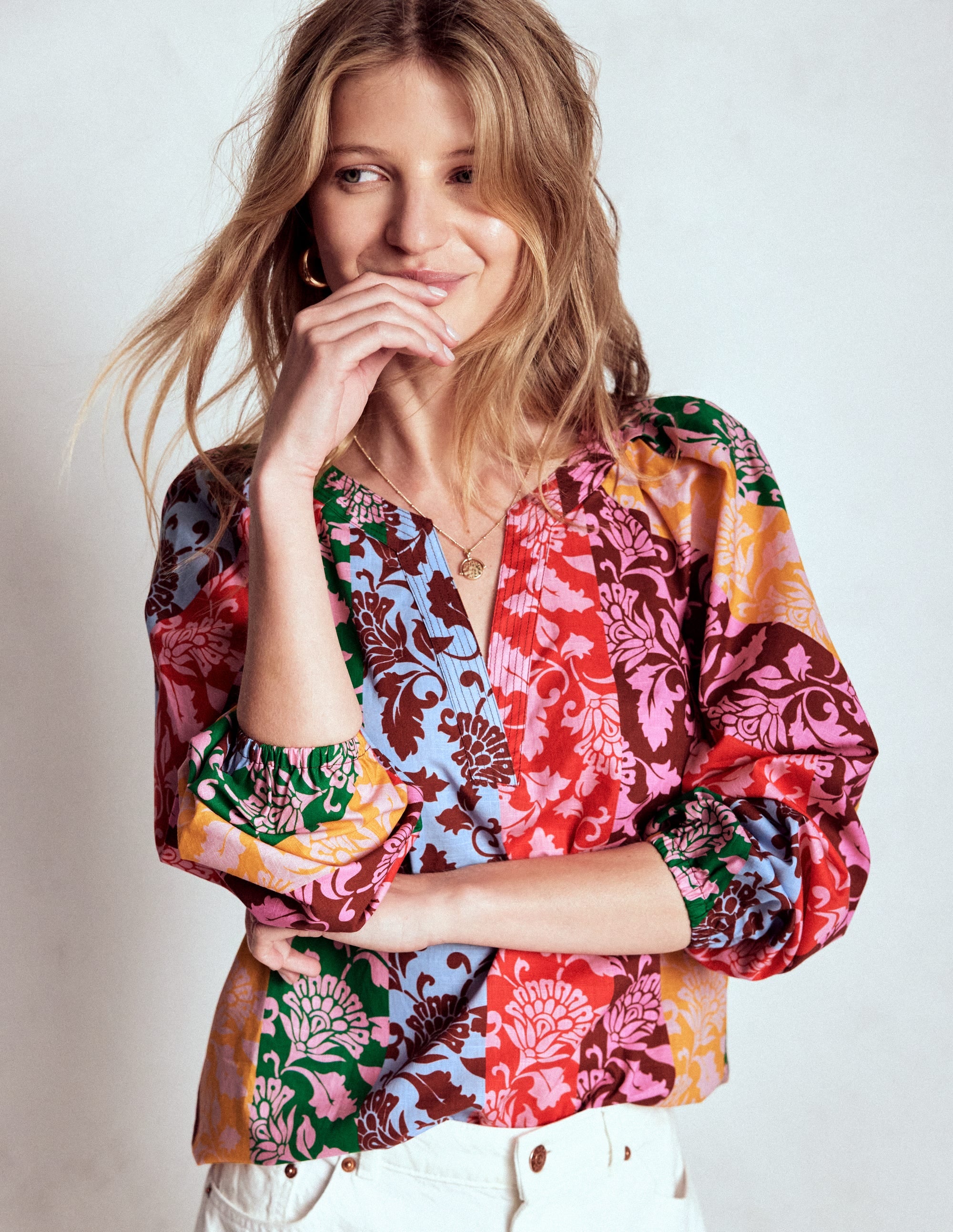 Long Sleeve Notch Top-Multi, Ornate Vine - Image 5