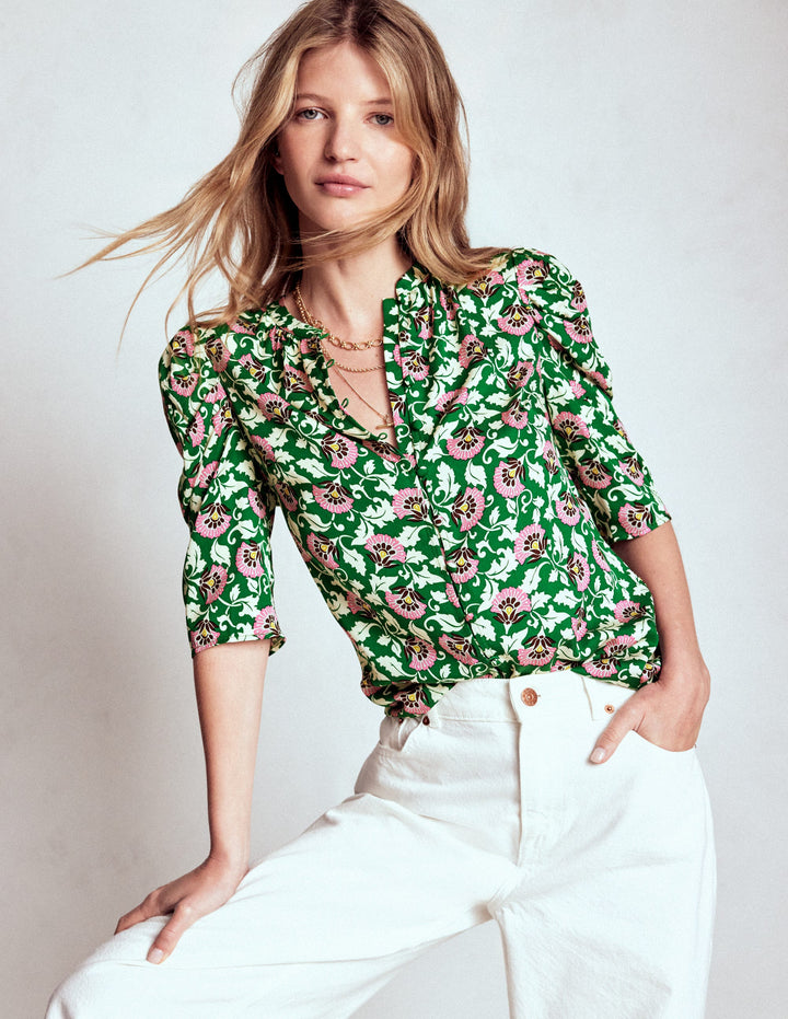 Mutton Sleeve Smart Top-Rich Emerald, Ornate Vine