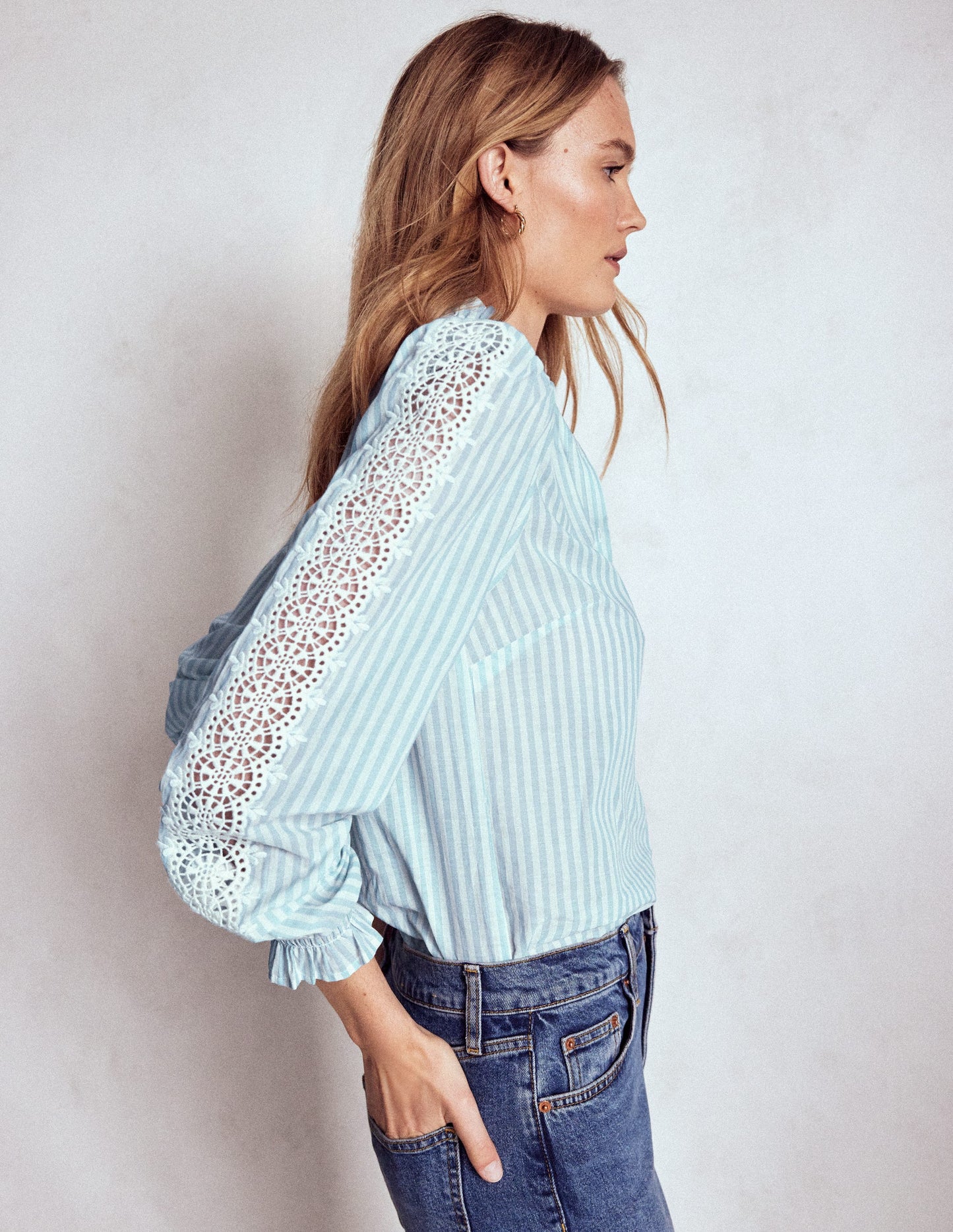 Lorna Pleated Cotton Top-Blue and Ivory Stripe