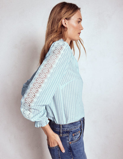 Lorna Pleated Cotton Top-Blue and Ivory Stripe-2