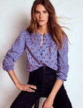 Elsa Smocked Yoke Jersey Shirt-Bright Blue, Ornate Geo