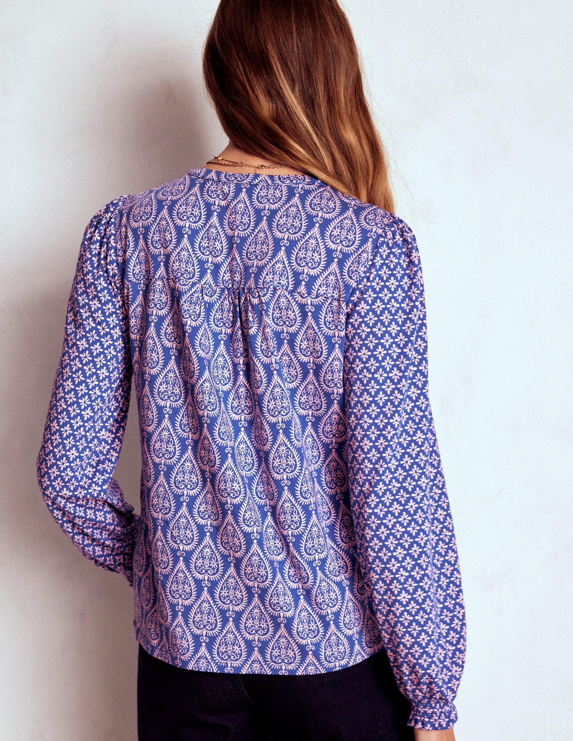 Elsa Smocked Yoke Jersey Shirt-Bright Blue, Ornate Geo - Image 3