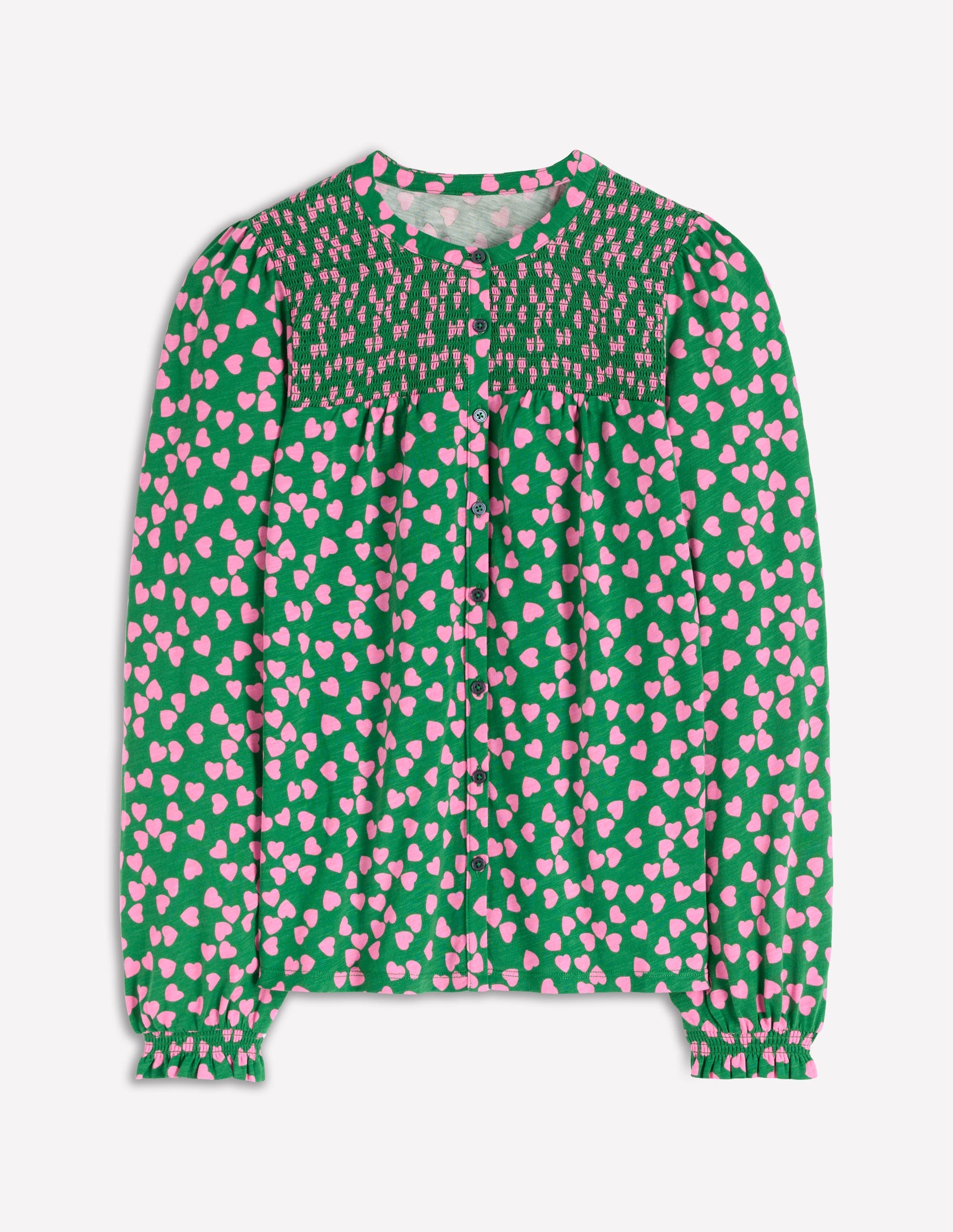 Elsa Smocked Yoke Jersey Shirt-Highland Green, Heart Cascade-5