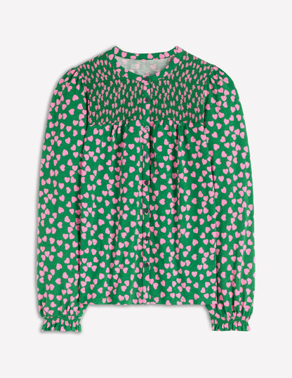 Elsa Smocked Yoke Jersey Shirt-Highland Green, Heart Cascade-5